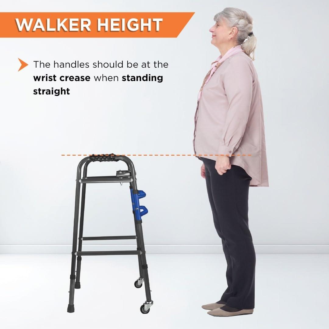 Vissco Vissco Dura Max Walker for Elderly and those Physically Challenged, Foldable, Light Weight & Height Adjustable Walking Aid - Made with Premium Grade Rubber Shoes and PVC Grip - Universal (Black)