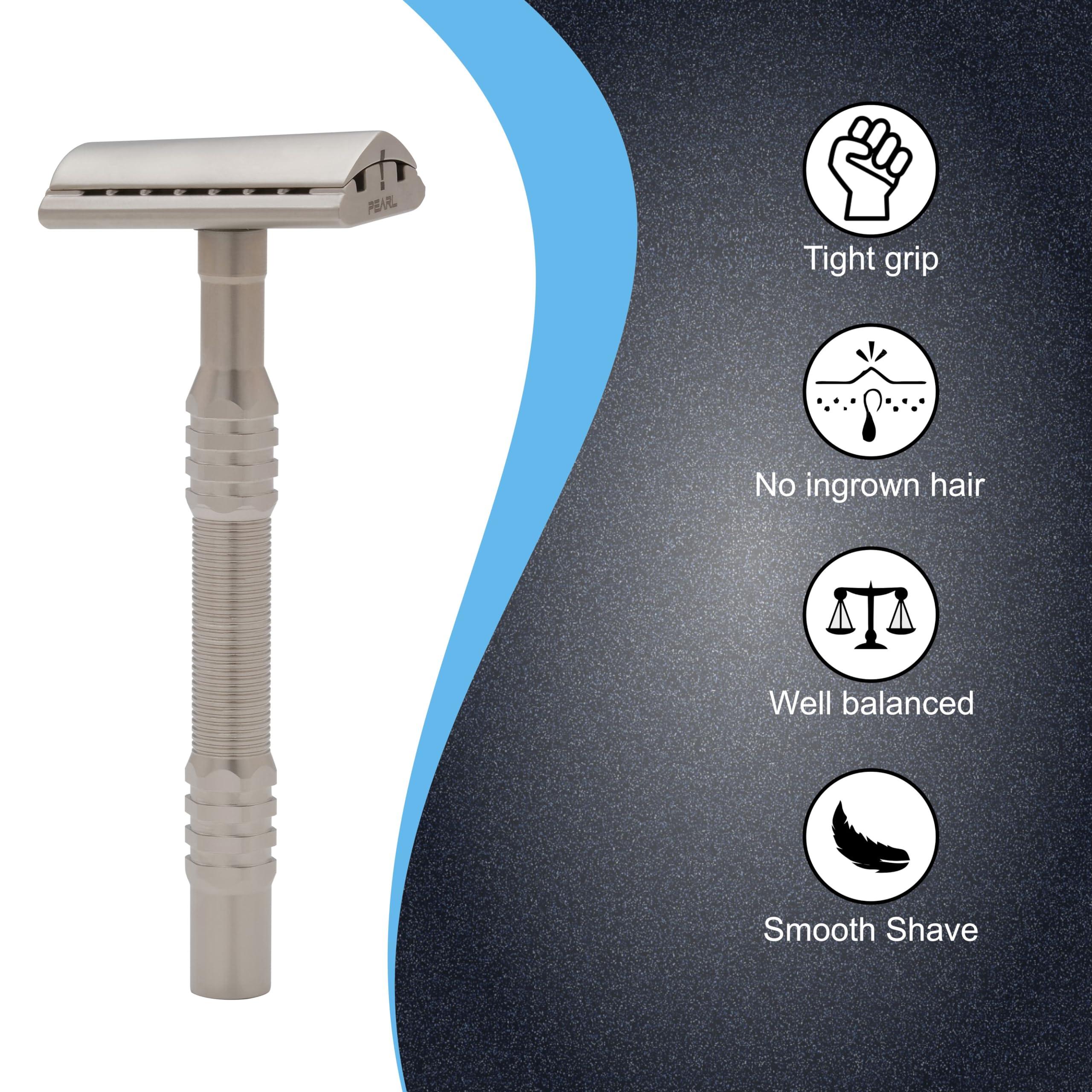 PEARL Premium Pearl Shaving Double Edge Safety Razor for Men- Semi Slant Stainless Steel | Efficient & Gentle Shave for Thick, Wiry Hair Sensitive Skin | L-65 Semi Slant DE Razor | Republic Day Deal