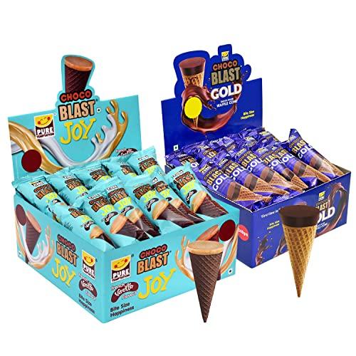 Pure Temptation Pure Temptation Choco Filled Waffle Cone Gold Chocoblast + Joy French Vanilla Flavour Chocolate Gift Box Display Stand- Premium Chocolate Pack of 2 (Each Pack Contains 36 Pcs) (Chocolate+Vanilla Flavo