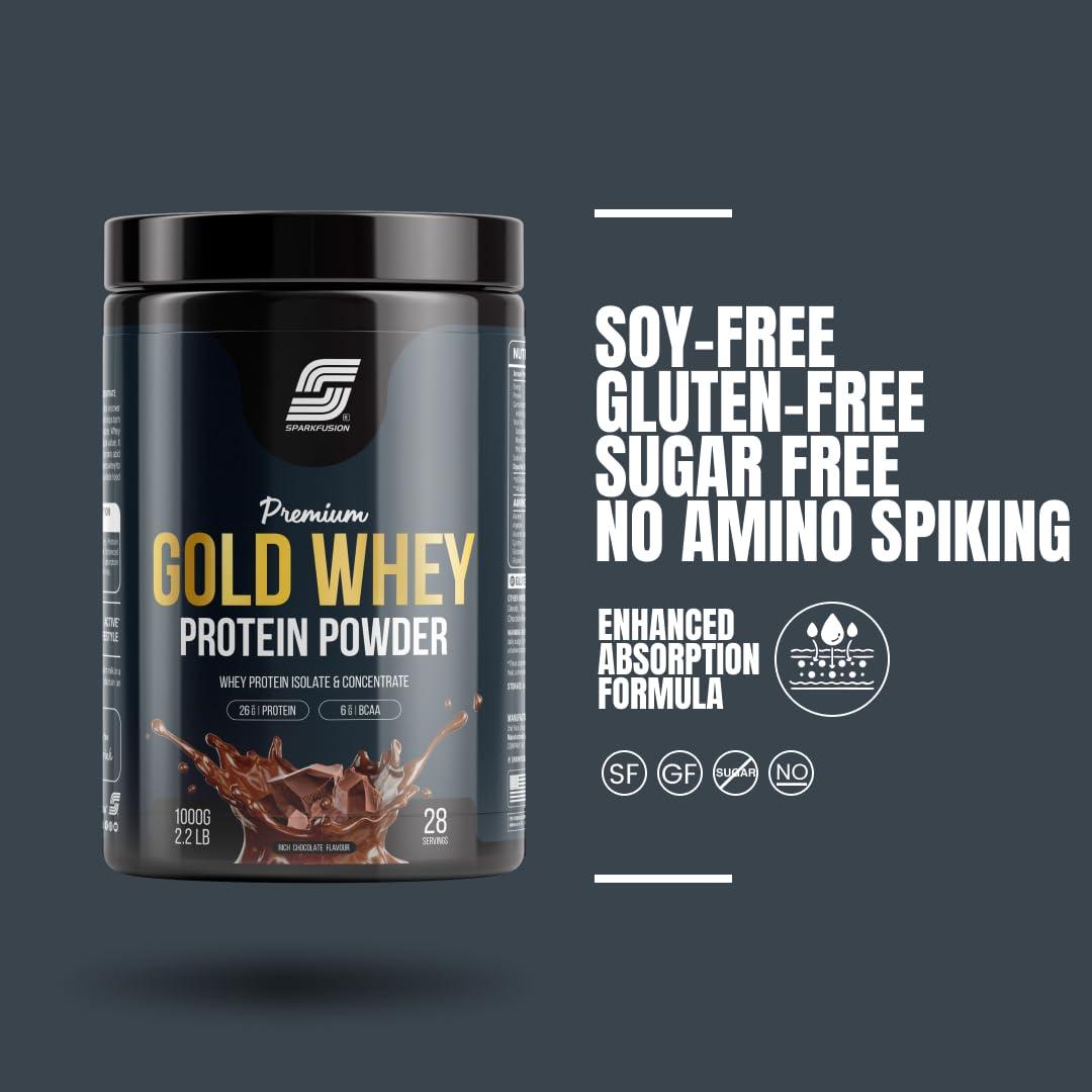 Sparkfusion Sparkfusion Premium Gold Whey Protein Isolate | 26g Protein,6g BCAA per Serving | Easy Mixing, Low Carbs, Easy Digesting | For Muscle Building & Recovery (Rich Chocolate, 1 kg (Pack of 1))