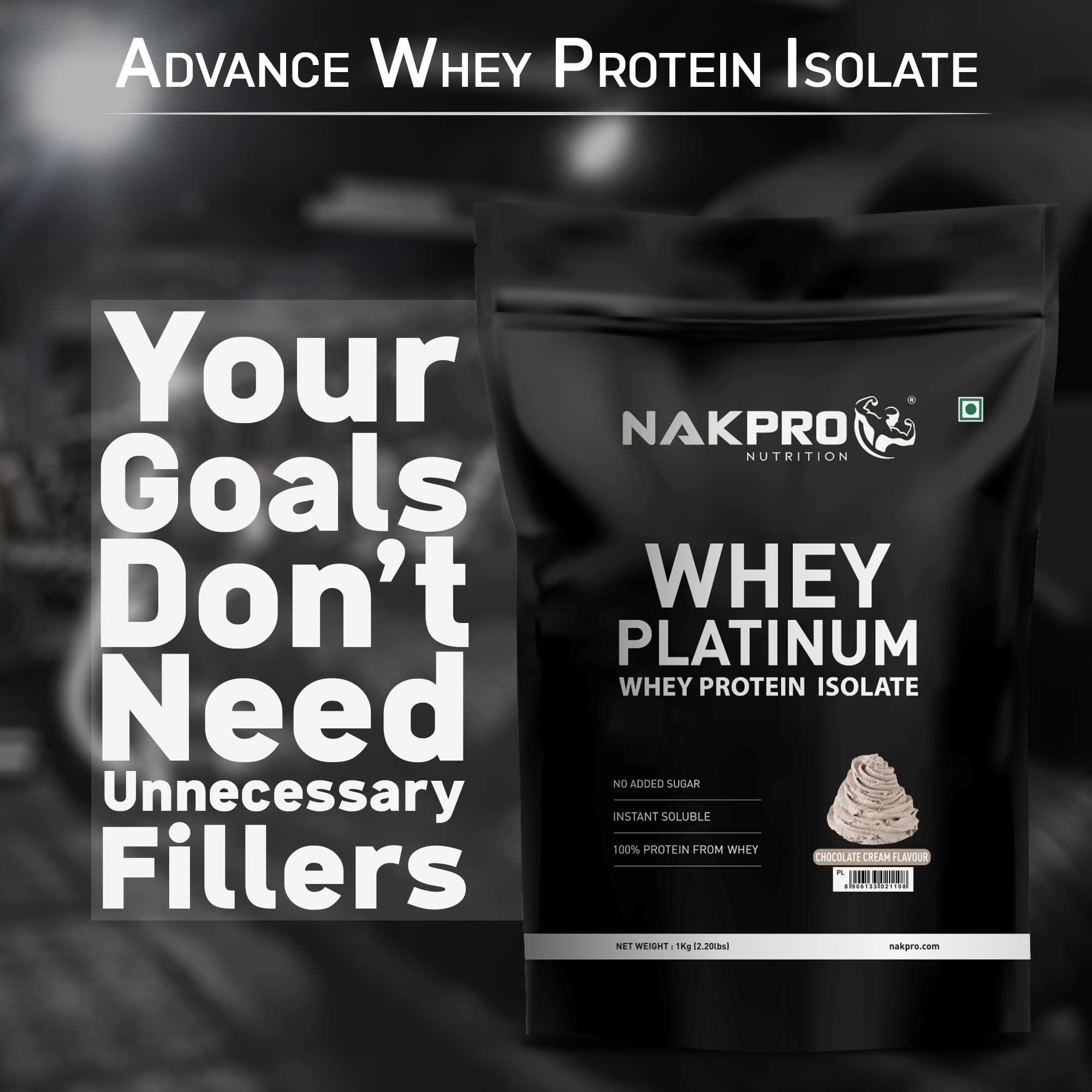 NAKPRO NAKPRO Platinum Whey Protein Isolate 1kg Chocolate Cream | 28g Protein, 6.4g BCAA | Trustified Certified 100% Authentic Supplement Powder & No Adulteration | Low Carbs, Fast Absorbing Whey Protein Powder