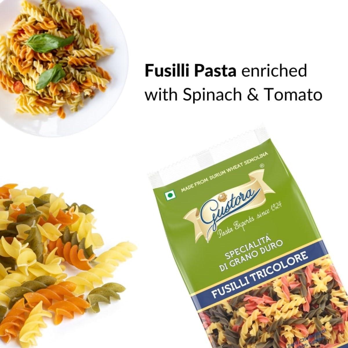 Gustora GUSTORA Healthy Trio Fusilli Pasta 500g I Made of Durum Wheat Semolina I No Maida I Vegetarian I Rich in Protein & Fibre I Zero Cholesterol I Cooking Time 10 Min (500G)