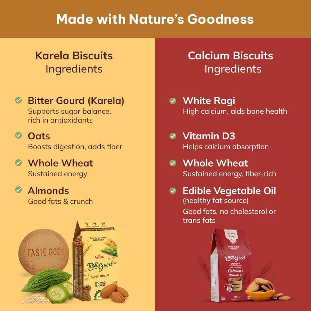 AZISTA INDUSTRIES PRIVATE LIMITED Taste Good Combo - Karela Biscuits Sugar Free Pack of 3 and Calcium & Vitamin D Biscuits Pack of 3 (100g X Pack of 6)