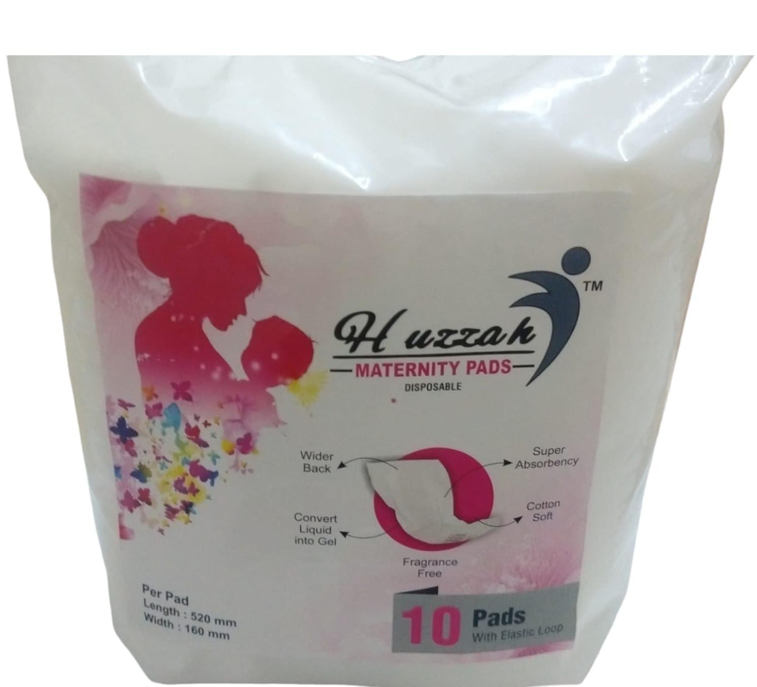 HUZZAH Maternity Pads -Pack of 10 Maxi- Cottony Soft After Delivery Pads for Moms With 1 Elastic Loop