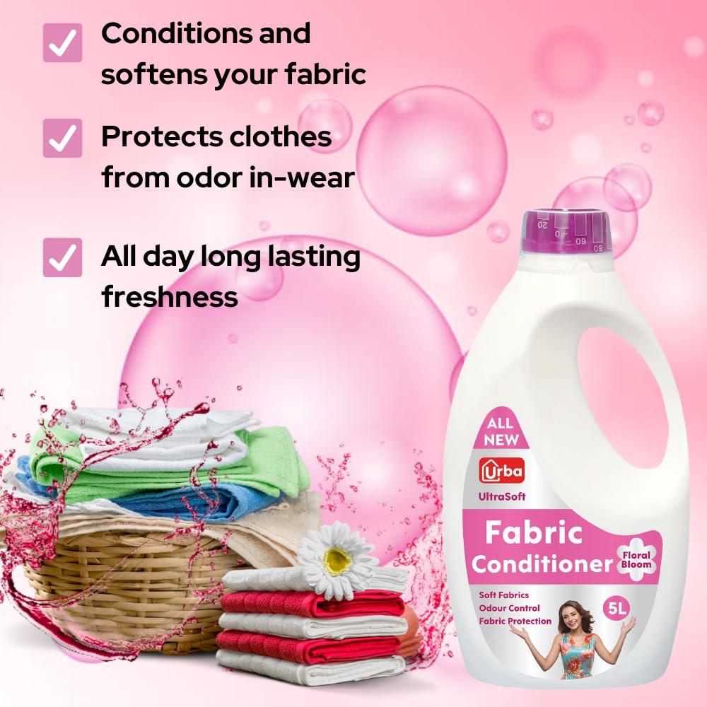 URBA Urba Floral Boom Fabric conditioner 5 L| Super saving Pack| After Wash Liquid Fabric Softener (Offer Pack) | Softness, Shine & Long Lasting Freshness | Fabric stiffener 5000 ml