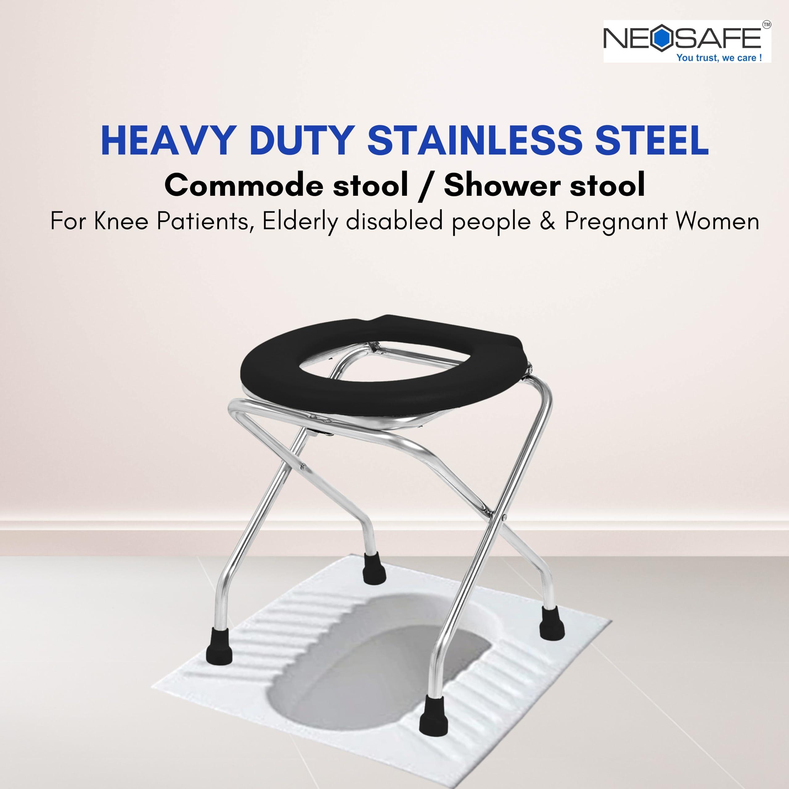 NEOSAFE NEOSAFE Stainless Steel Premium Folding Shower Bathing Room Commode Stool Indian Toilet Seat for Elderly Disabled Man and Pregant Women Support Safe Chair Anti-Slip (Black)