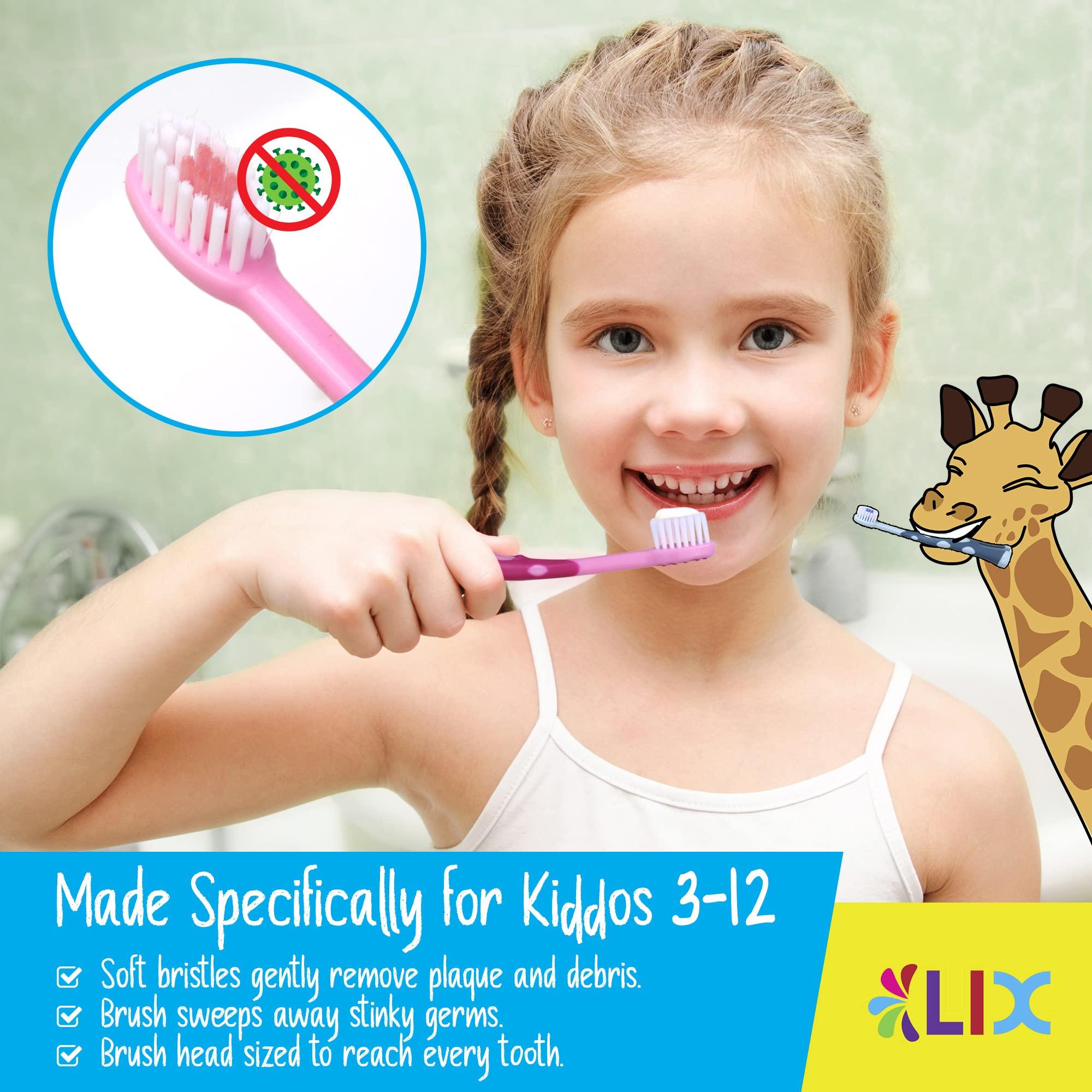 55Dental 55Dental Kids Toothbrush Set of 8 Soft Giraffe Toothbrush for Kids 3-12. Easy-Grip, Bristle Cover, Self-Standing & Splited Bottom for Cup Rim. by Lix, 4 Colors