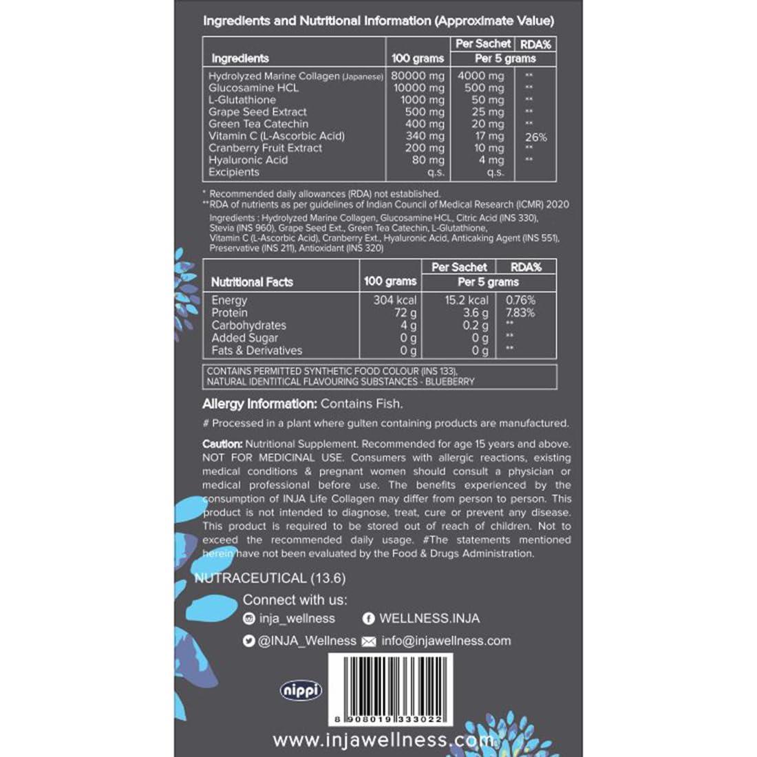 INJA Wellness INJA Wellness Life Marine Collagen Supplement Powder for Women & Men, Japanese Collagen with Original Formulation, Healthy Skin, Joints, Hair Growth, Zero Sugar, Blueberry Flavor, 150 gm