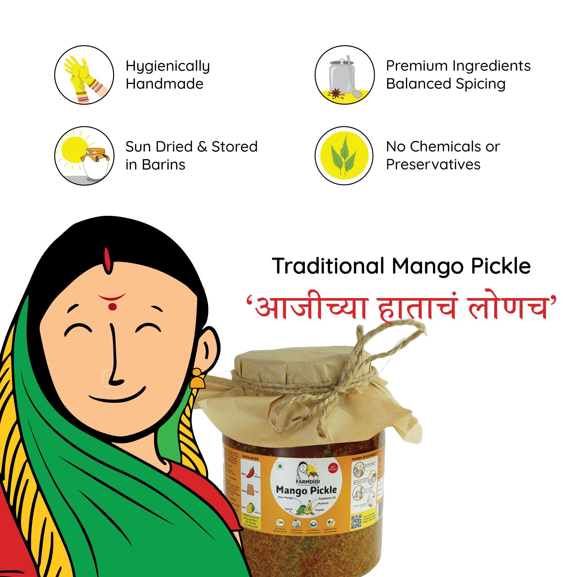 Farm Didi FarmDidi Mango Pickle 1kg Mango Pickles Homemade | Traditional Indian Achar | Less Oil Aam ka achar home made Pickle in fresh | Dry Sukha Aam Ka Achaar made with Organic Methods & Preservative free