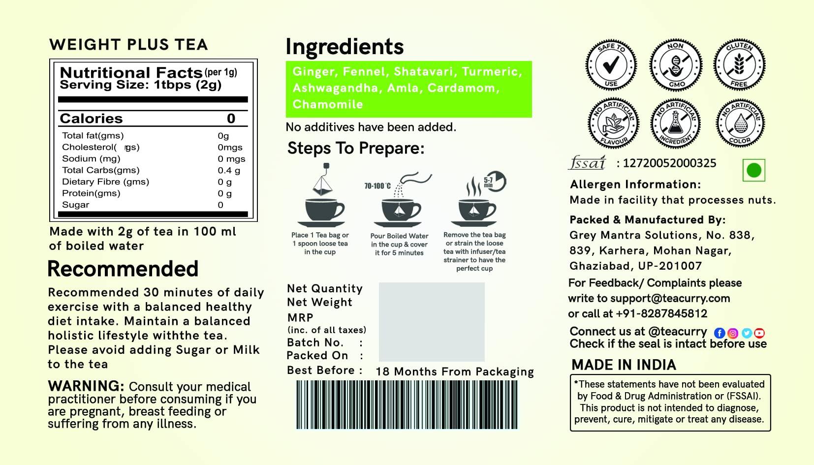 TEACURRY TEACURRY Weight Gain Tea 30 Tea Bags (1 Month Pack) Helps in Plus Mass - Men & Women | Green Tea for Weight Gain | increase Weight