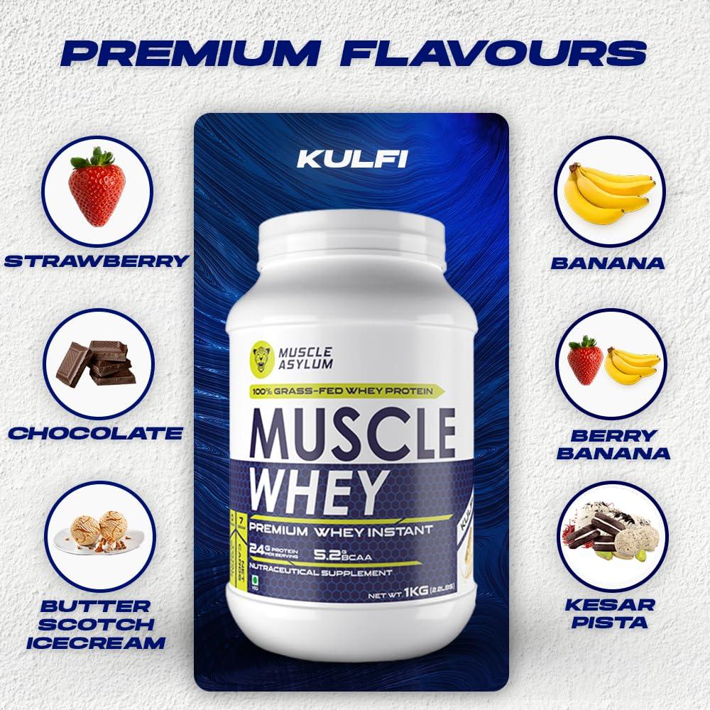 Muscle Asylum Muscle Asylum Premium Whey Protein l 1kg, 25 Servings l Kulfi Flavor l With Genuine Lab Reports l Muscle Building & Recovery | Increased Muscle | Easy to Digest | with 5.2g Bcaa per serve