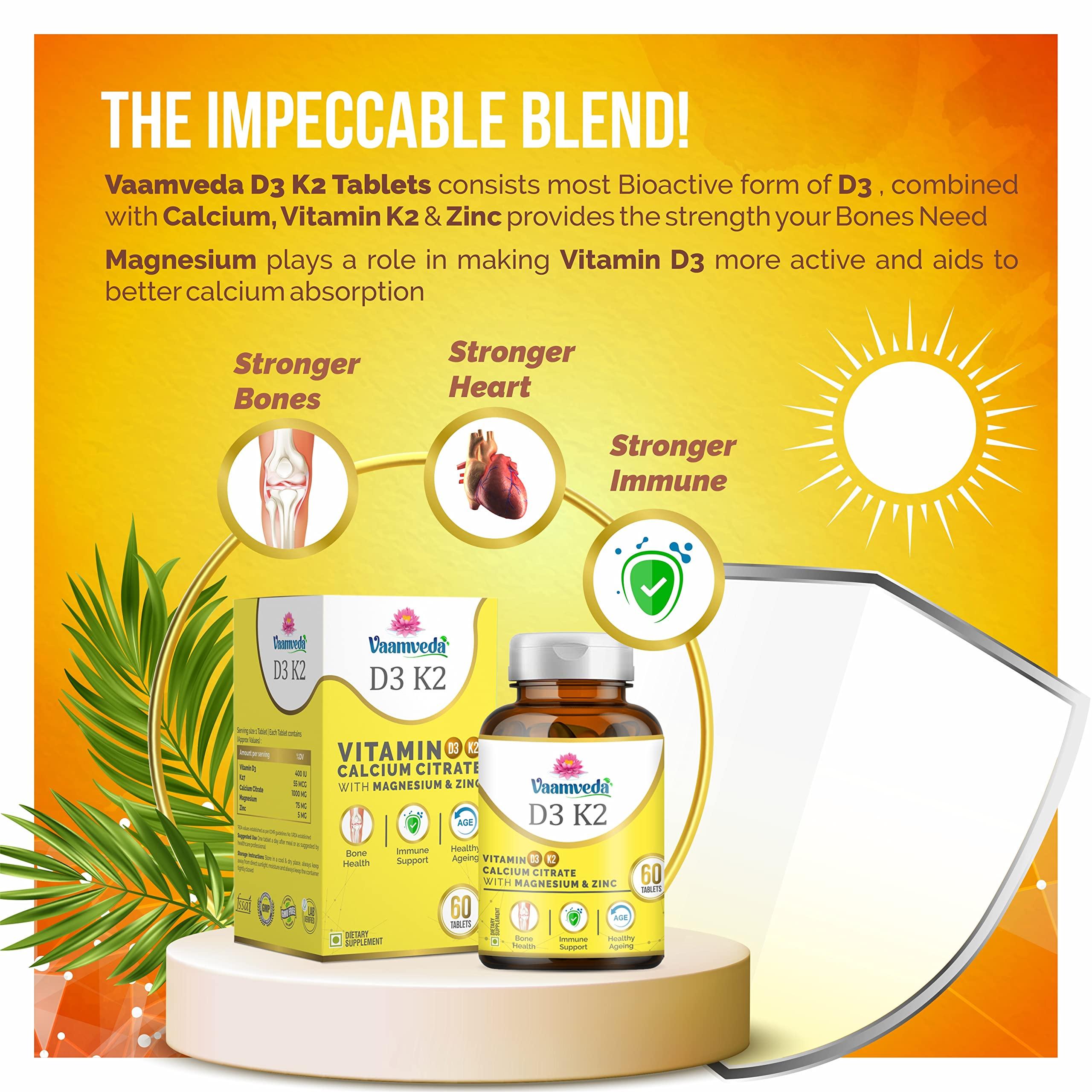 Vaamveda Vaamveda Advanced Calcium Tablets for Women and Men -Calcium Magnesium Zinc Vitamin D3, Calcium Citrate for Strong Bone, Joint Support - 1000mg Calcium and Vitamin D3 Tablets, 60 Veg Tab