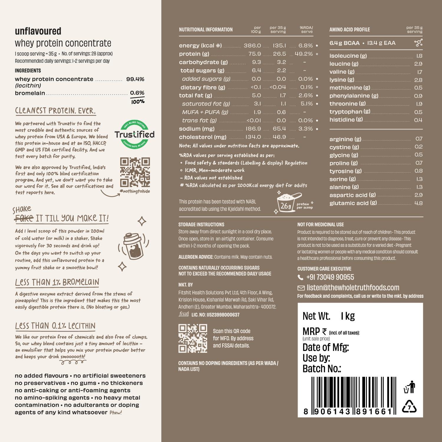 The Whole Truth The Whole Truth Whey Protein Concentrate Unflavoured |1 kg (2.2 lbs) | 26g Protein per scoop | 6.4g BCAA | 100% Authentic Whey & No Adulteration | Clean and Light | Muscle Building | Vegetarian
