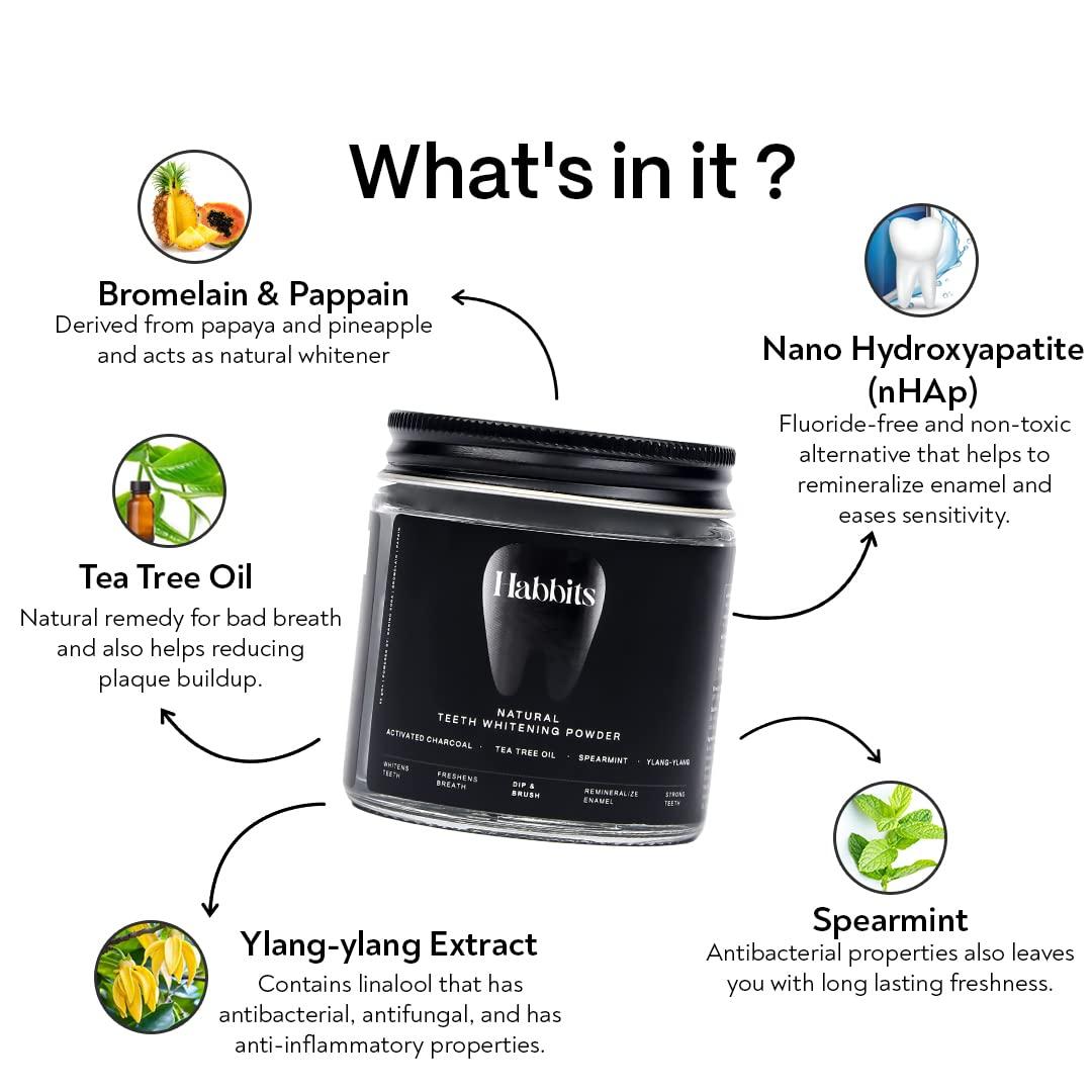 Habbits Habbits Charcoal Ylang-Ylang Mint Natural Teeth Whitening Powder + Habbits Toothbrush Biodegradable With Wheatstraw Handle Manual Toothbrush With Soft Bristle for Adults