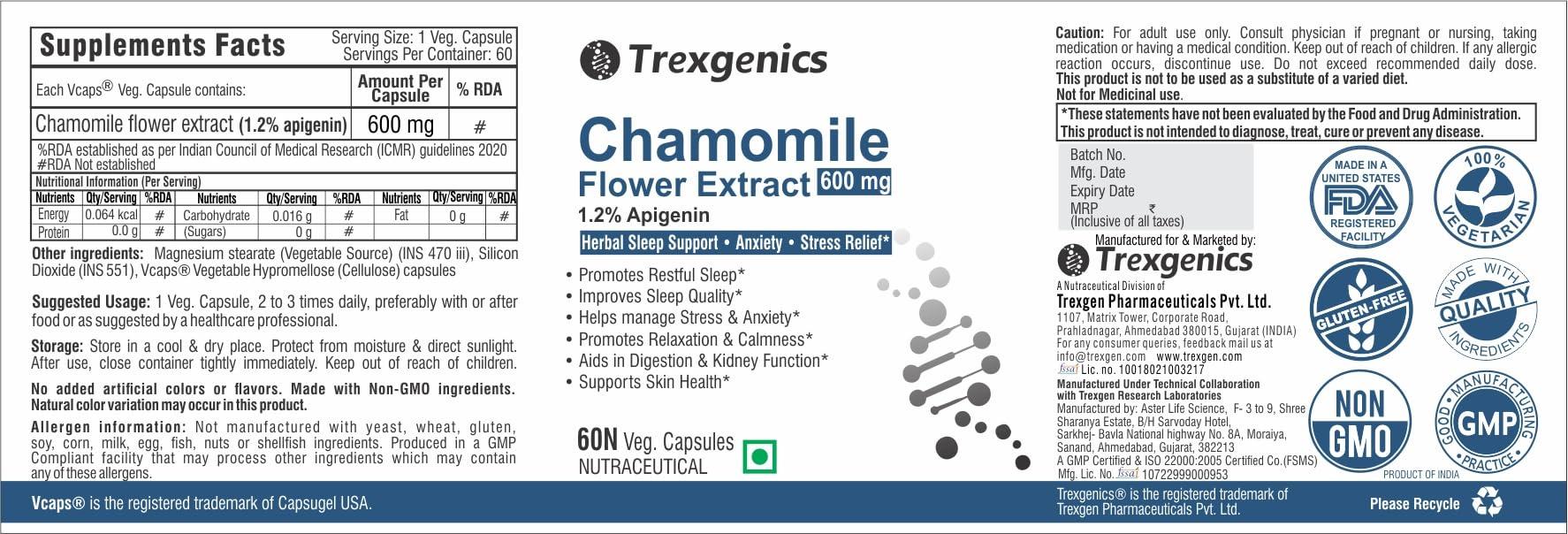 Trexgenics Trexgenics CHAMOMILE 1.2% Apigenin 600 mg Sleep, Relexation, Kidney & Urinary tract support VEGAN & NON-GMO (60 Veg. Capsules) (Pack of 2)