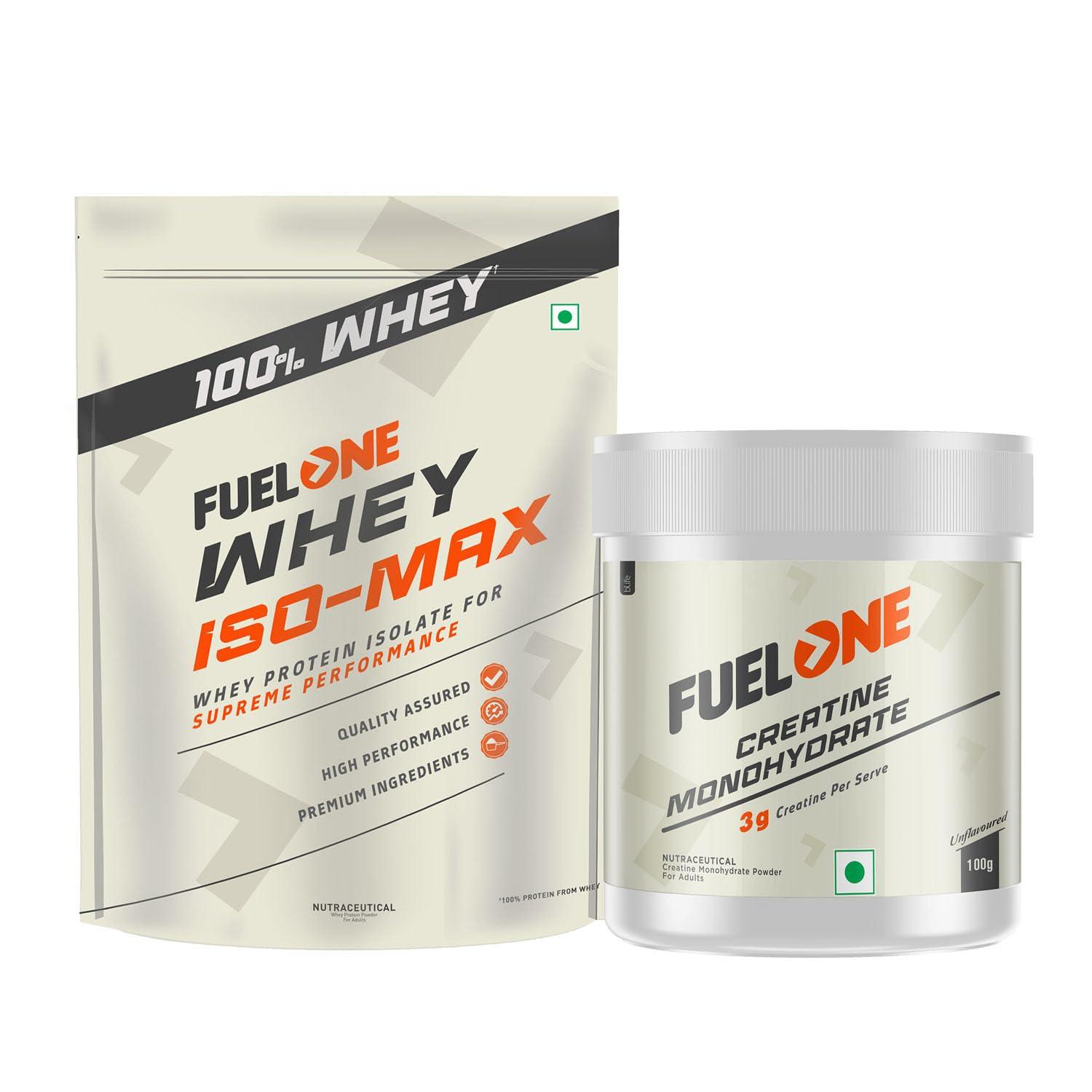 FUELONE FUELONE Whey Iso-Max, (Unflavoured, 1kg / 2.2lbs) | Whey Protein Isolate | 31g Protein & Creatine Monohydrate (Unflavoured, 100g, 33 Servings) | Combo Pack
