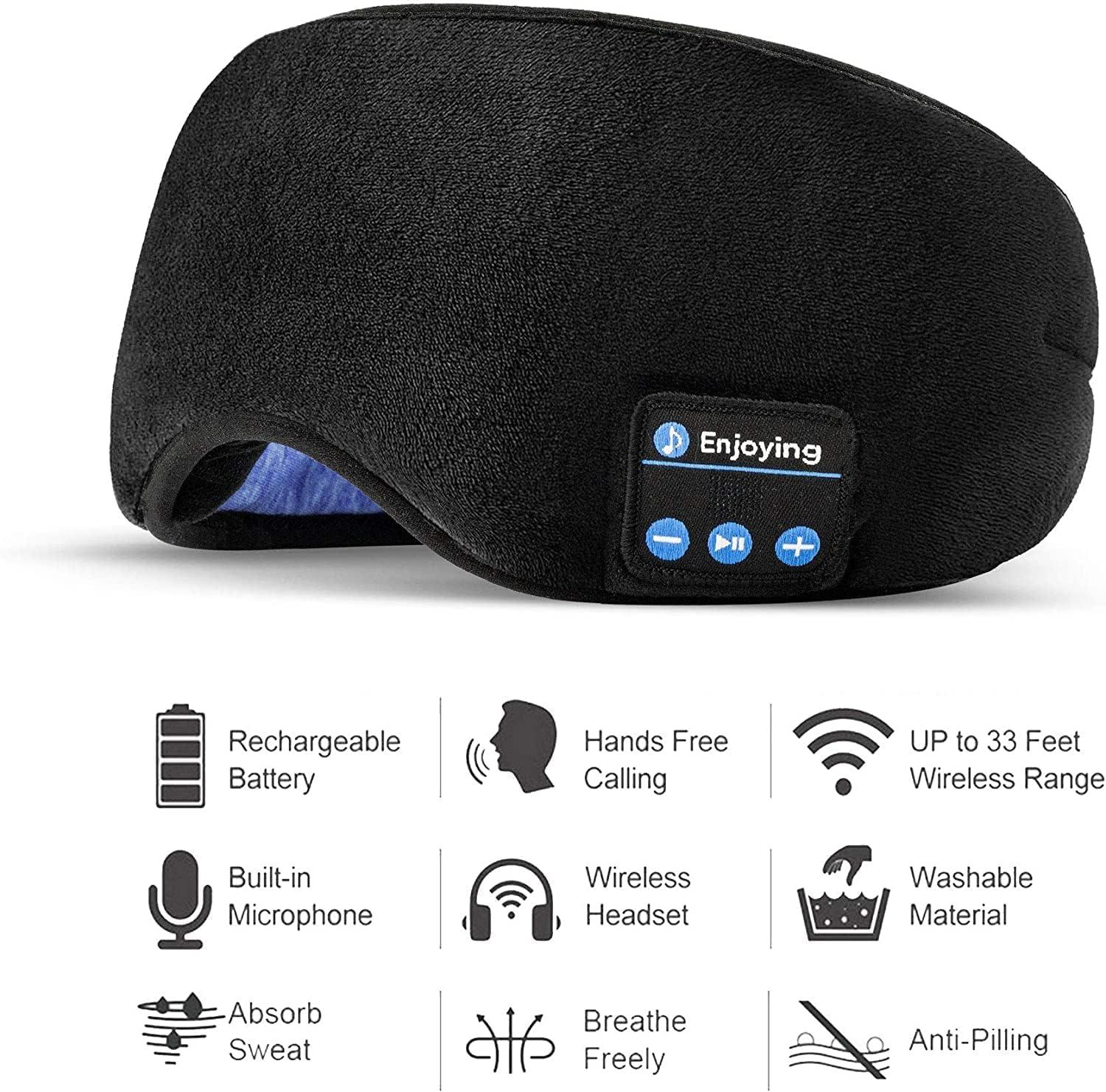 Hidak Hidak Sleep Headphones Wireless Bluetooth Eye Mask - Music Travel Sleep Mask Bluetooth 5.0 Wireless Handsfree Sleeping Eye Mask with Speakers Microphone for Side Sleepers Washable (Black)
