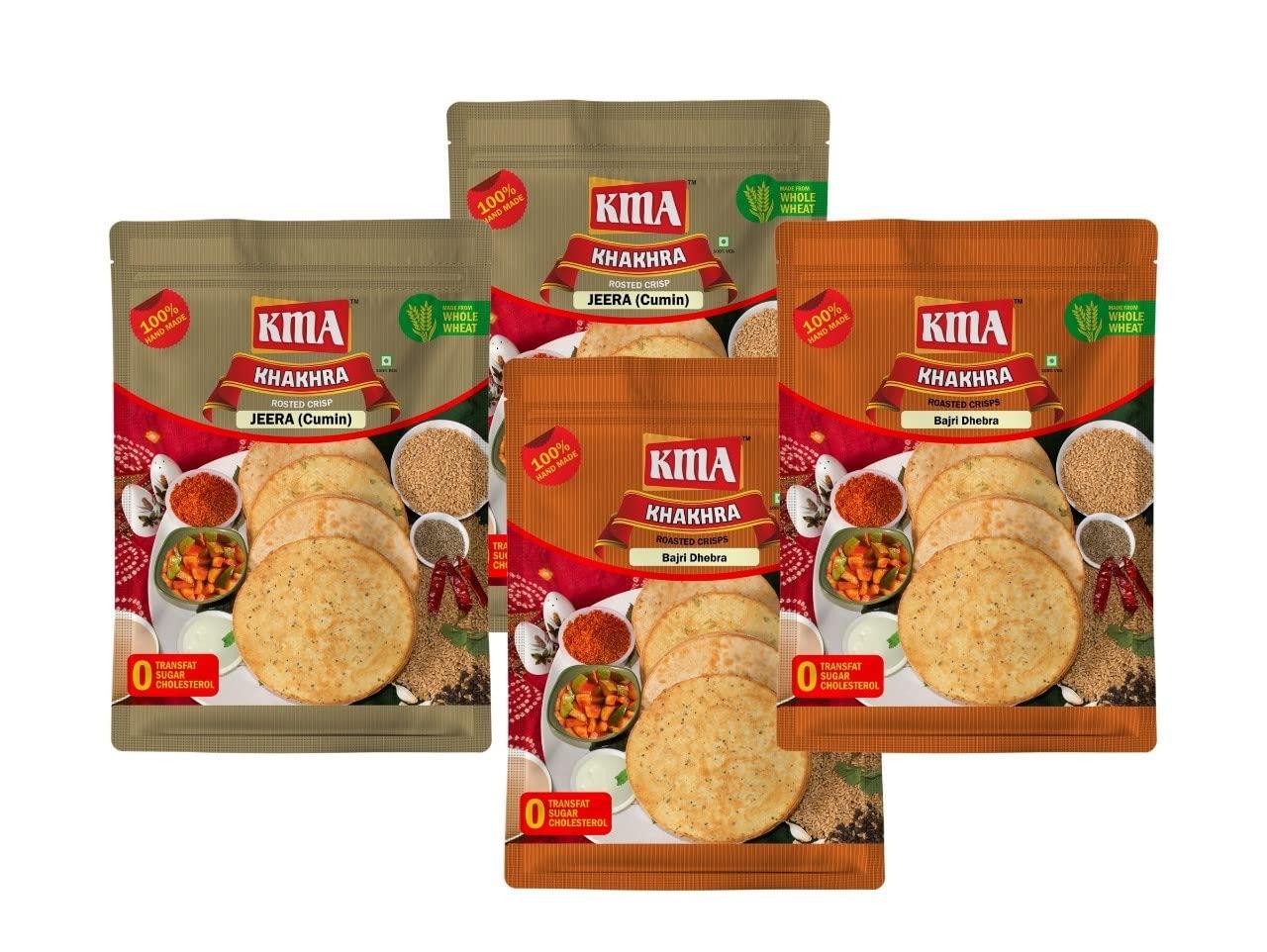 KMA KMA Gujarati Khakhra Combo 800g (4 packs * 200g each)  2 Jeera Khakhra , 2 Bajri Dhebra (Millets) Khakhra - Handmade Roasted Fresh Snacks , Ready to Eat Indian Whole Wheat Delight , Crispy & Nutritious with Authentic Taste , Healthy Diet , Low Calori