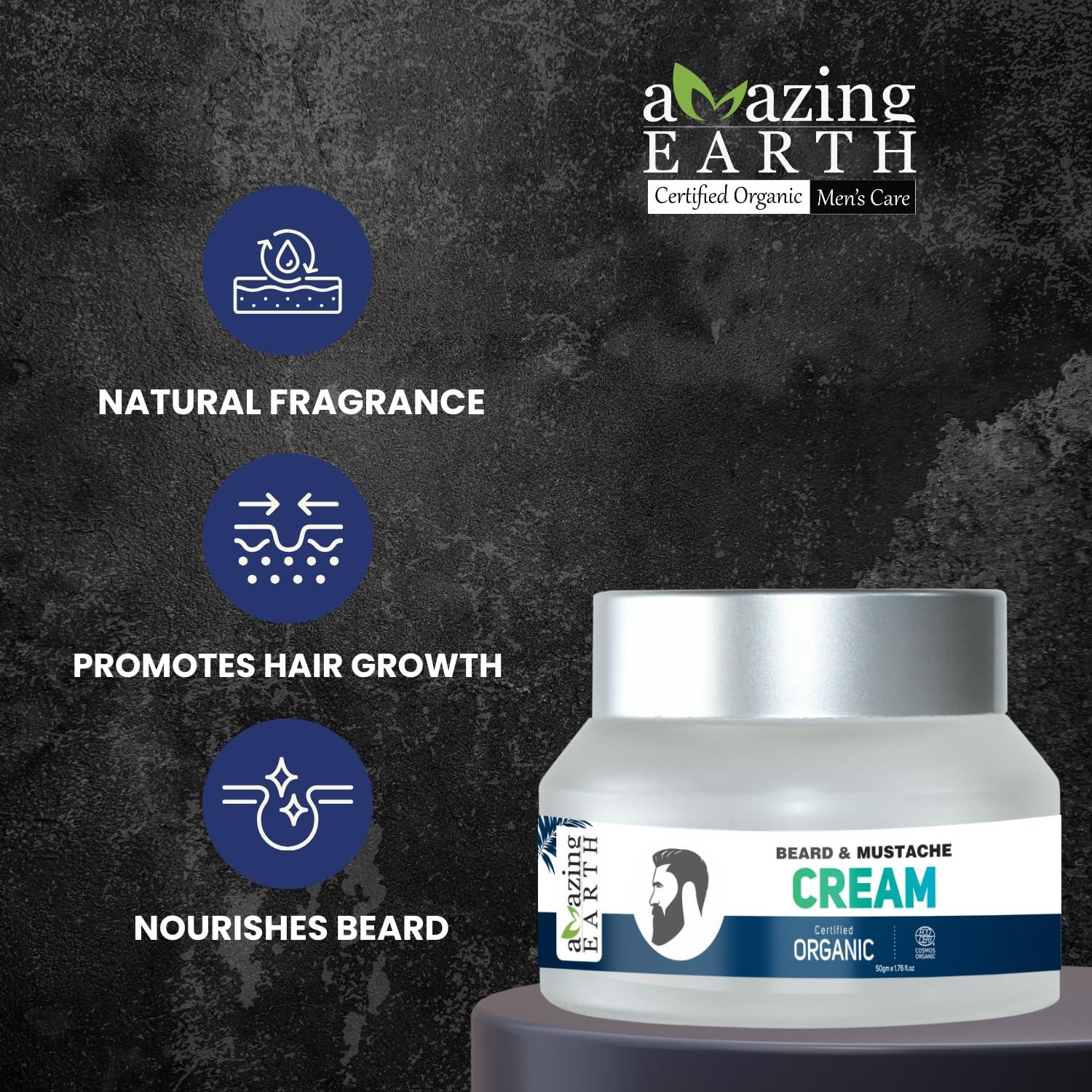 AMAzing EARTH AMAzing EARTH Certified Organic Beard Mustache Cream for Men - 100% Natural, Shea Butter, Olive, Patchouli & Godel Jojoba Oil, Beard Hair Growth, Sulphates & Parabens Free and Cruelty Free, 50gm