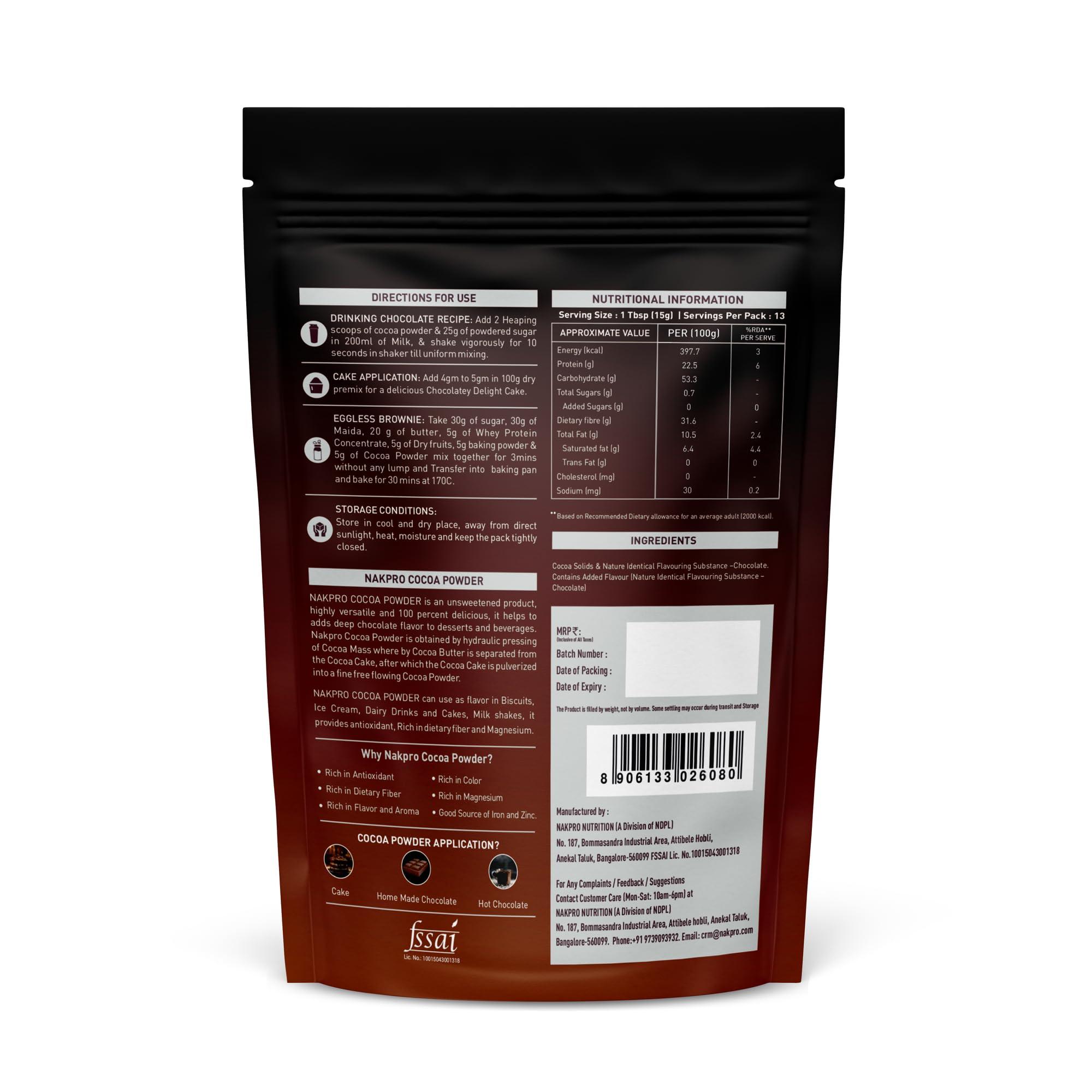 NAKPRO NAKPRO 100% Pure & Natural Unsweetened Plant Based Cocoa Powder, 200g | 22.5g Protein | Ideal for Cake, Baking, Hot Chocolate, Milkshakes & More