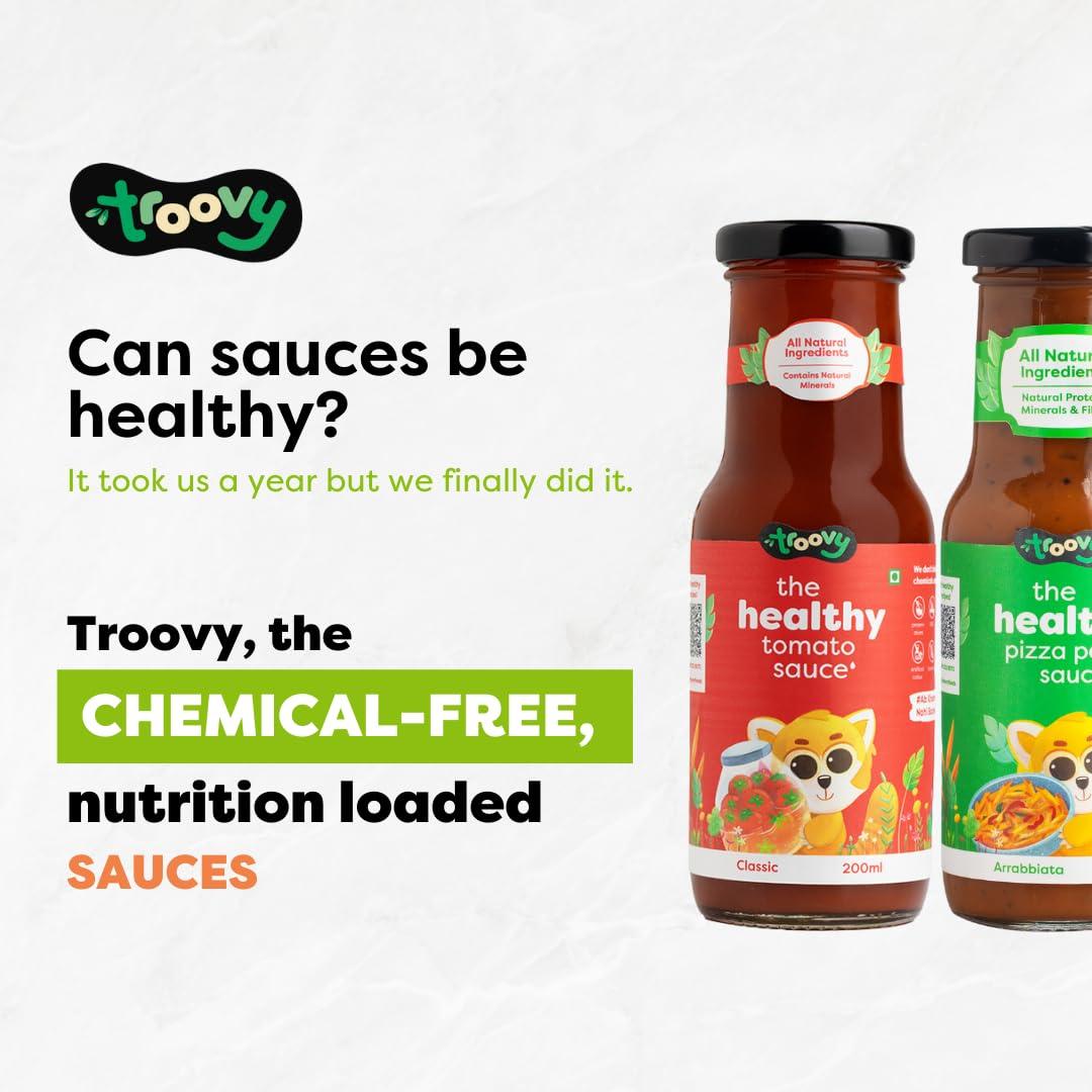 Troovy Troovy Healthy Sauce Spread (2 Tomato sauce, 2 Pizza Pasta sauce) | 100% Chemical Free | No Preservatives | No MSG | No Processed Sugar (uses Jaggery) | All Natural Ingredients | 880 gm (Pack of 4)