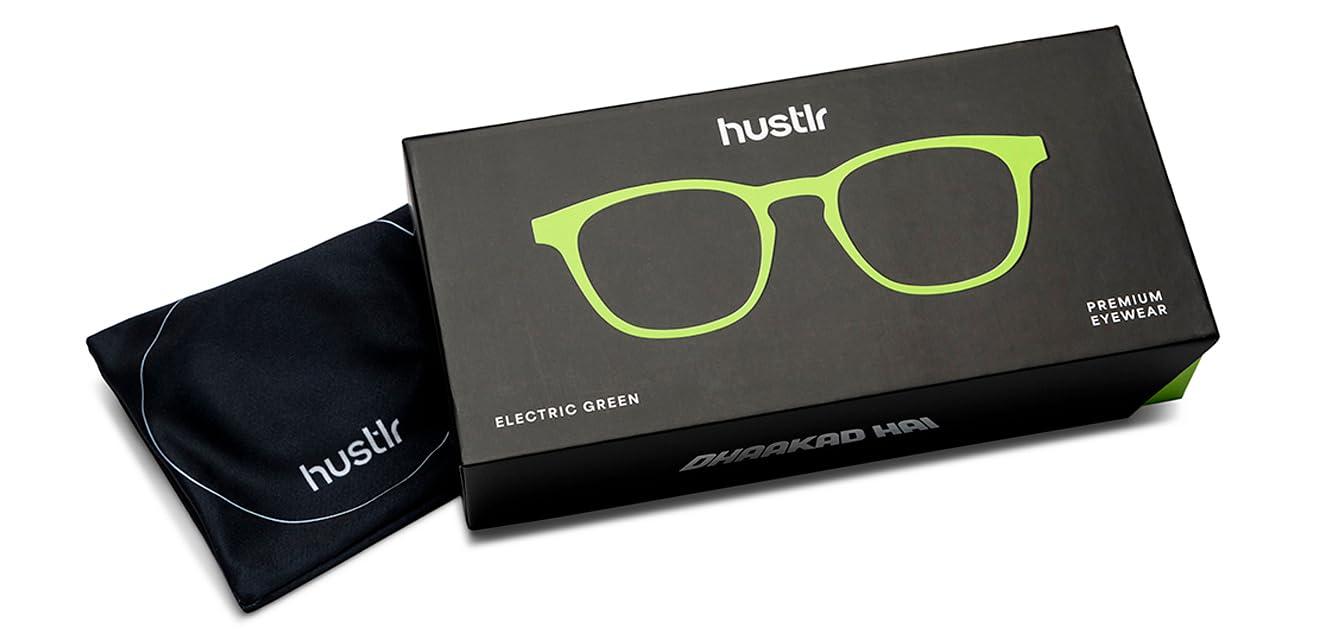 HUSTLR HUSTLR Zero Power Bluecut & Antiglare Computer Eyeglasses | Electric Green Full Rim Square | As Seen On Shark Tank | Peyush Bansal Glasses | For Men & Women | Small | LB E14058-N