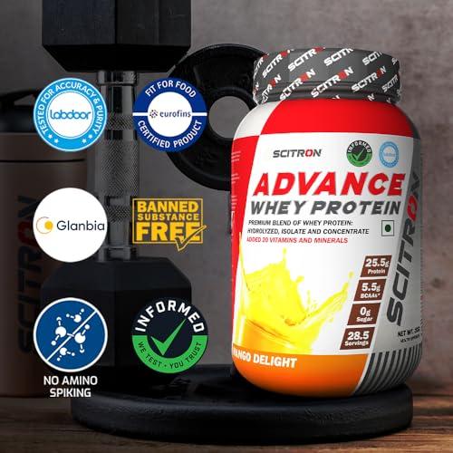 SCITRON Scitron Advance Whey Protein 1Kg Mango Delight (28.5 Servings, 25.5g Protein, 5.5g BCAAs, 0g Sugar, 20 Vitamins & Minerals) Certified by Labdoor, USA | Sourced from Glanbia Nutrition | Certified by Informed Choice