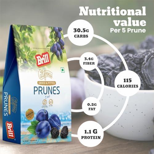 Brill Brill Dried California Prunes 250g | High in Antioxidants & Slows the Ageing Process | Source of Vitamin C and K | Pitted Prunes California Prunes | Nutritious and Healthy Snack