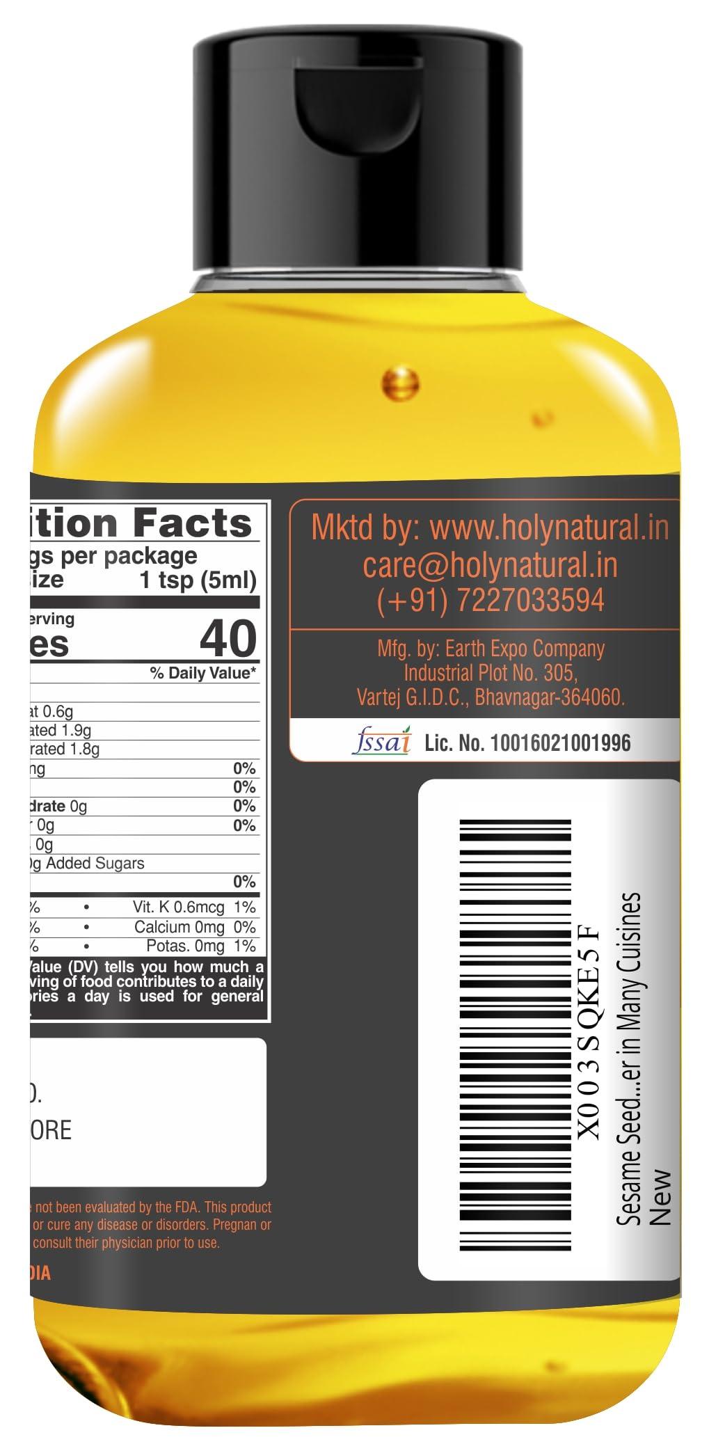 Holy Natural - The Wonder of World Holy Natural Cold Pressed Organic Sesame/Til/Gingelly Seed Oil (300ml), Extra Virgin, No GMO, Edible oil.