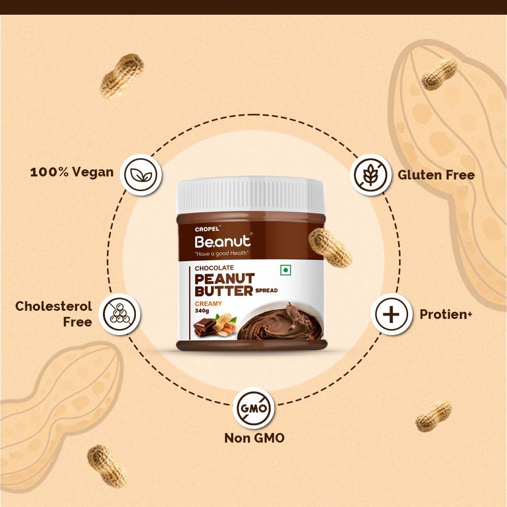 Beanut Beanut Chocolate Peanut Butter Creamy - 340gm | Classic Peanut Butter with Rich Fiber | Non-GMO, Gluten Free, Vegan & Cholesterol Free