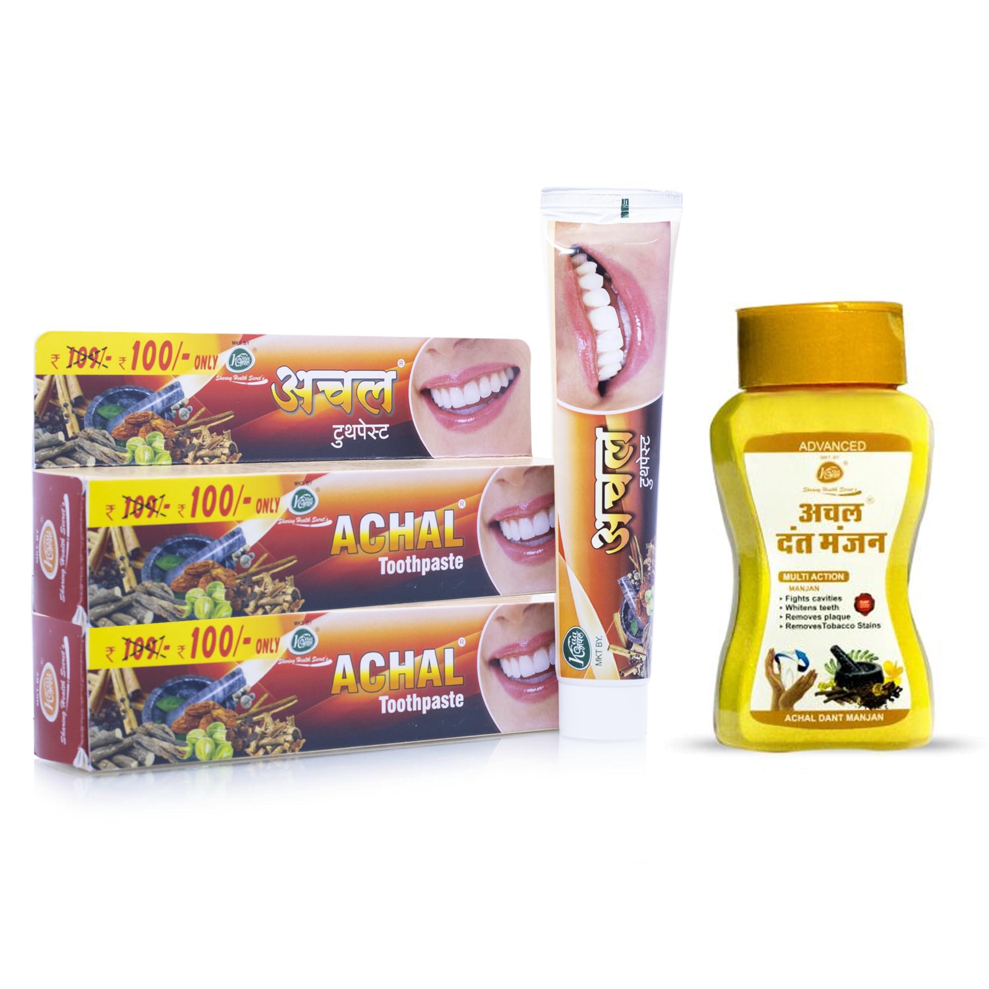 Achal Achal Dant Manjan 80 GM + Achal Toothpaste (2 x 175 GM)- (Combo of 3), Ayurvedic Dental Toothpaste and Tooth powder for Strong Teeth, Fresh Breath & Whitening, For Kids & Adults