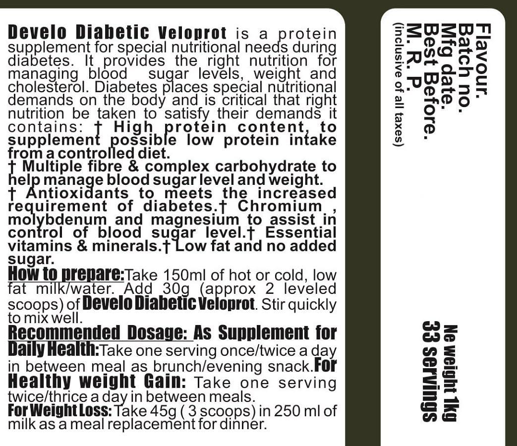 DEVELO Develo Diabetic Protein Powder for diabetes patient Care, Sugar Free Supplement  1 kg (Vanilla)