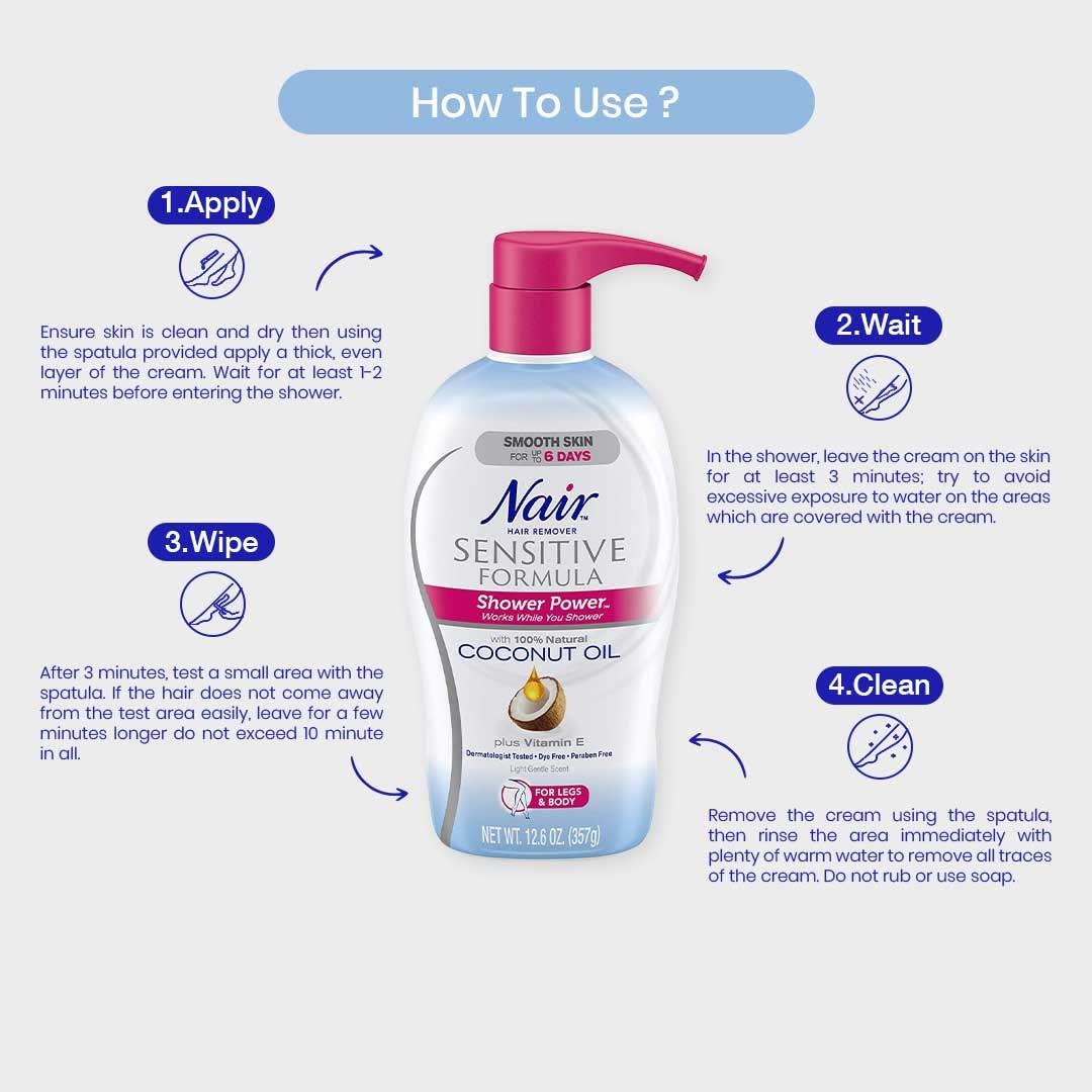 PITTIE PITTIE Nair Sensitive Shower Power Coconut Oil In - Shower Hair Removal Cream, Dermatologist Tested, 100% Safe And Effective - Women, 357 G