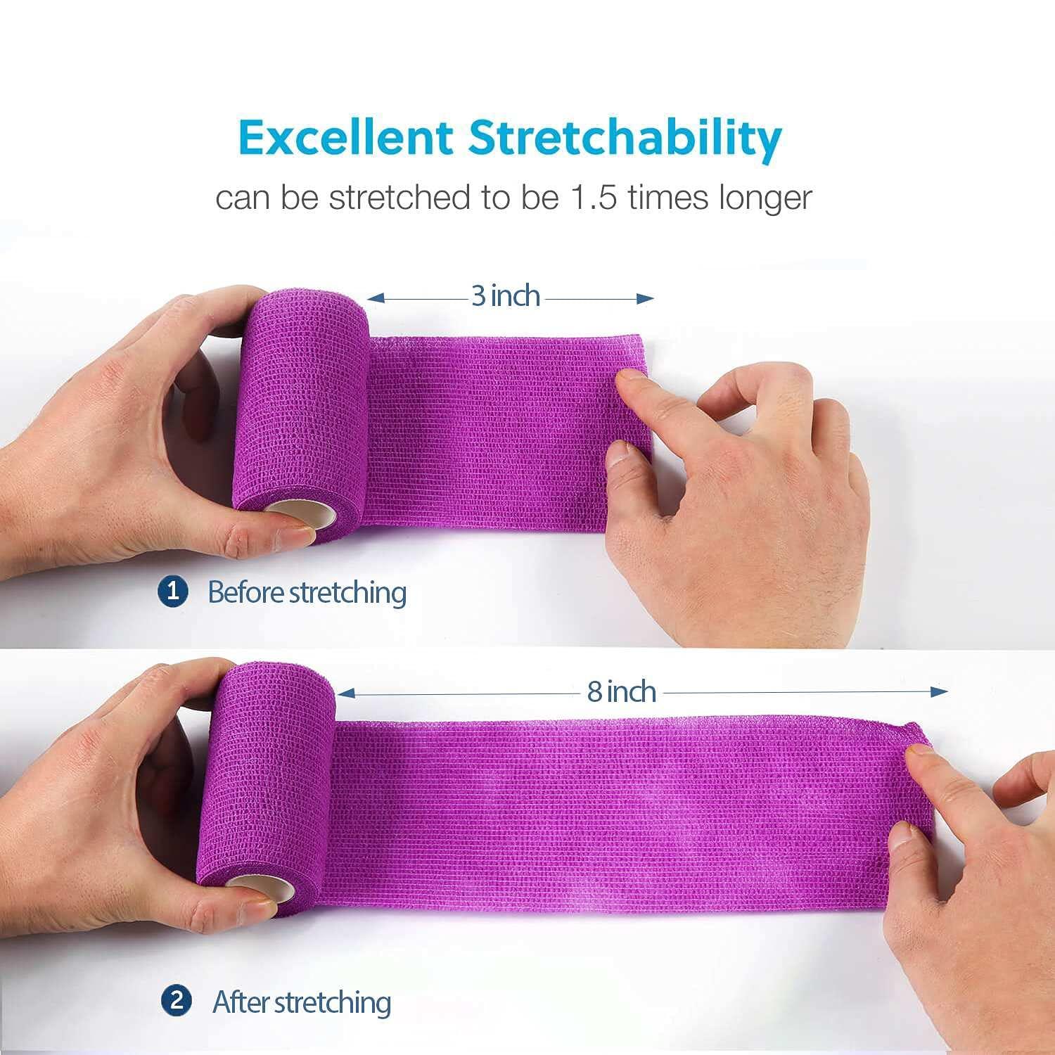 WePet WePet Vet Wrap, Vet Tape Bulk Self-Adherent Gauze Rolls Non-Woven Cohesive Bandage First Aid for Dogs Cats Horses Birds Animals Strong Sports Tape 4 Inch x 3 Rolls (2 Purple, 1 Green)