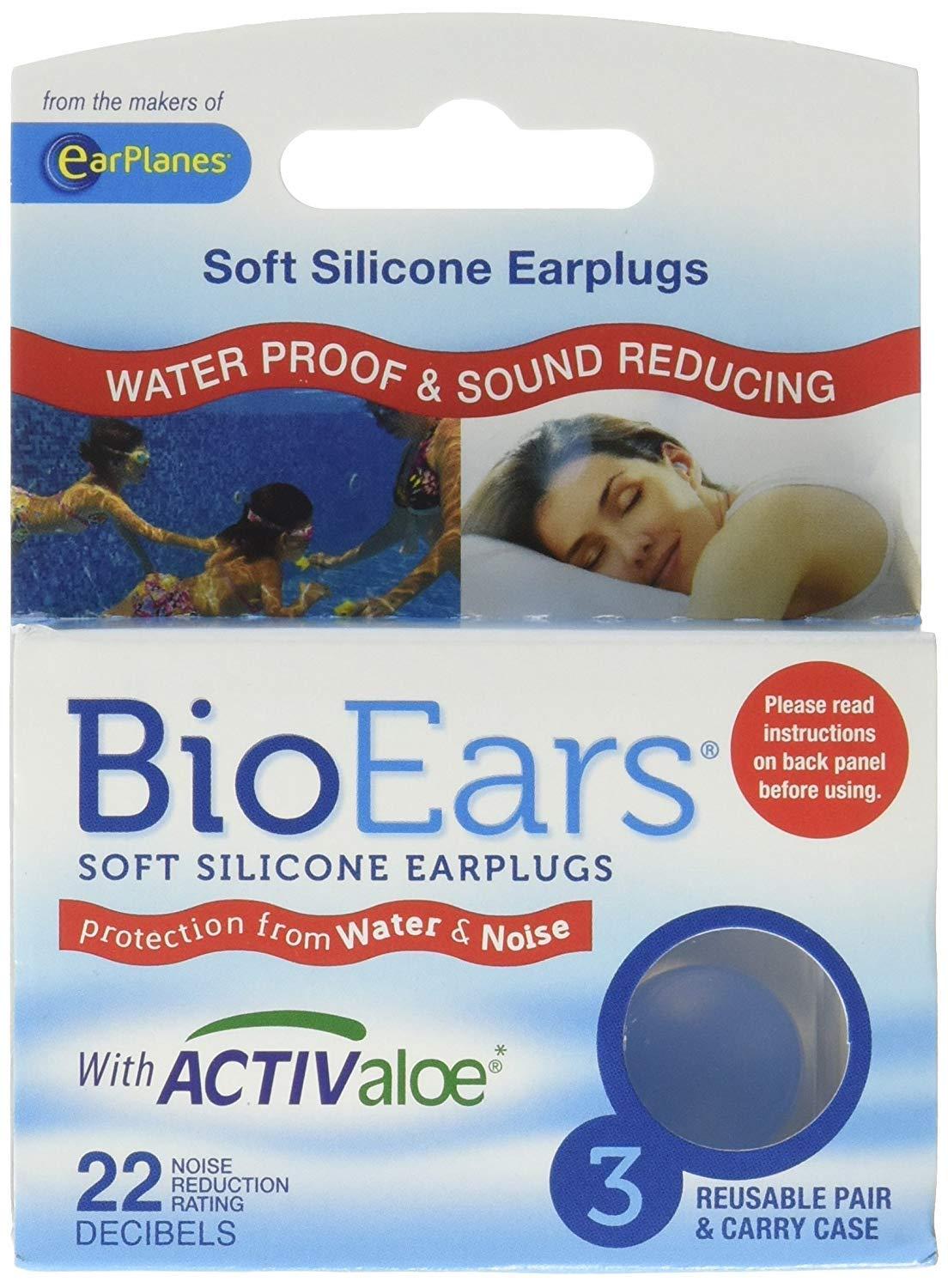 BioEars BioEars 3 Pair Soft Silicone EarPlugs, Bio Ears, 3 Pair (Pack of 3) Sound Reducing ear Plugs, for Sleep, Study, Meditation, Swim, Reusable, Carry Case, With Activ Aloe