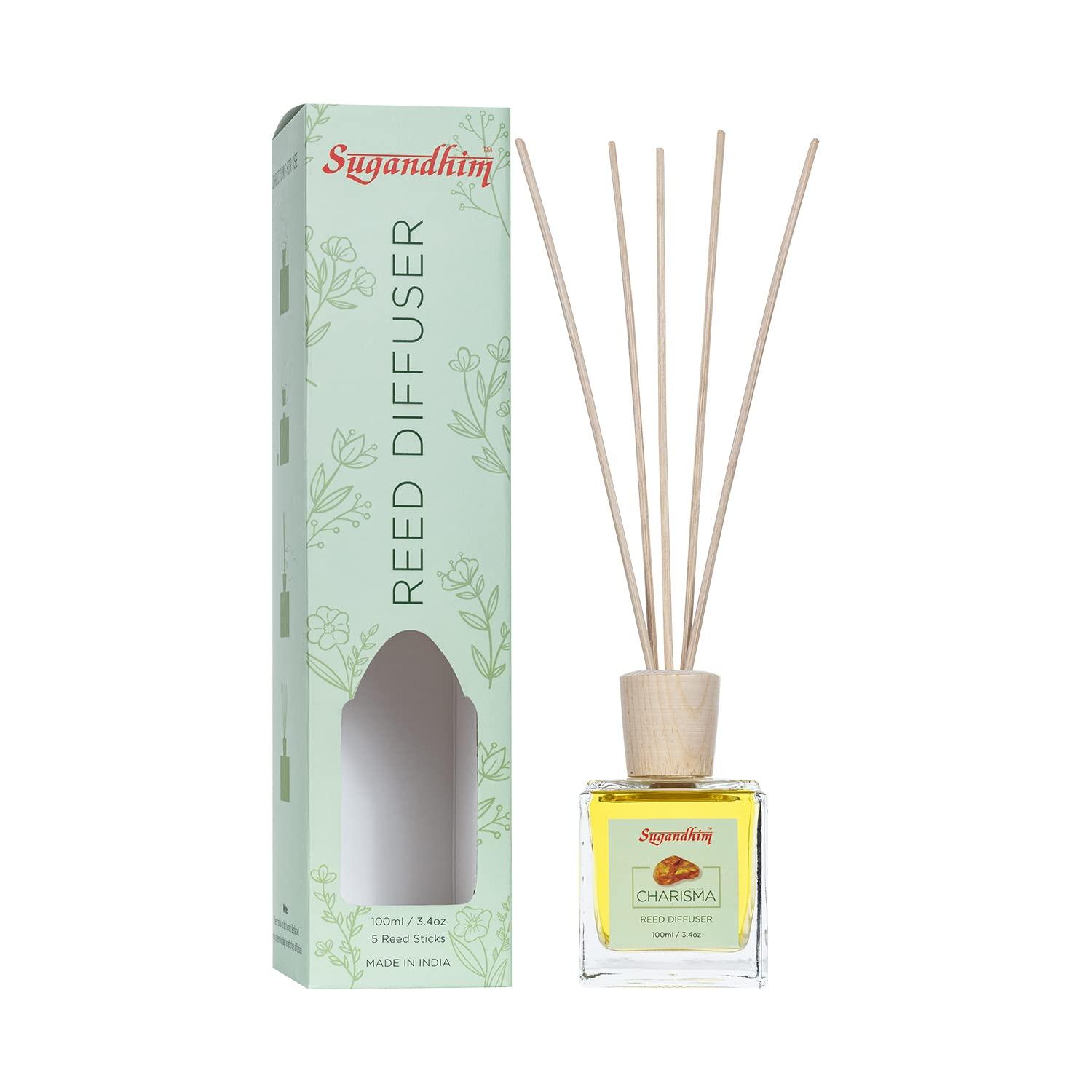 Sugandhim Sugandhim Reed Diffuser Charisma, 1 x 100ml & 5 Reed Stick, Non Alcoholic, Gifting Set, Easy to Use, Chemical Free, Woody, Musky, Wet Grass, Maintenance Free, Risk Free, Eco Friendly,