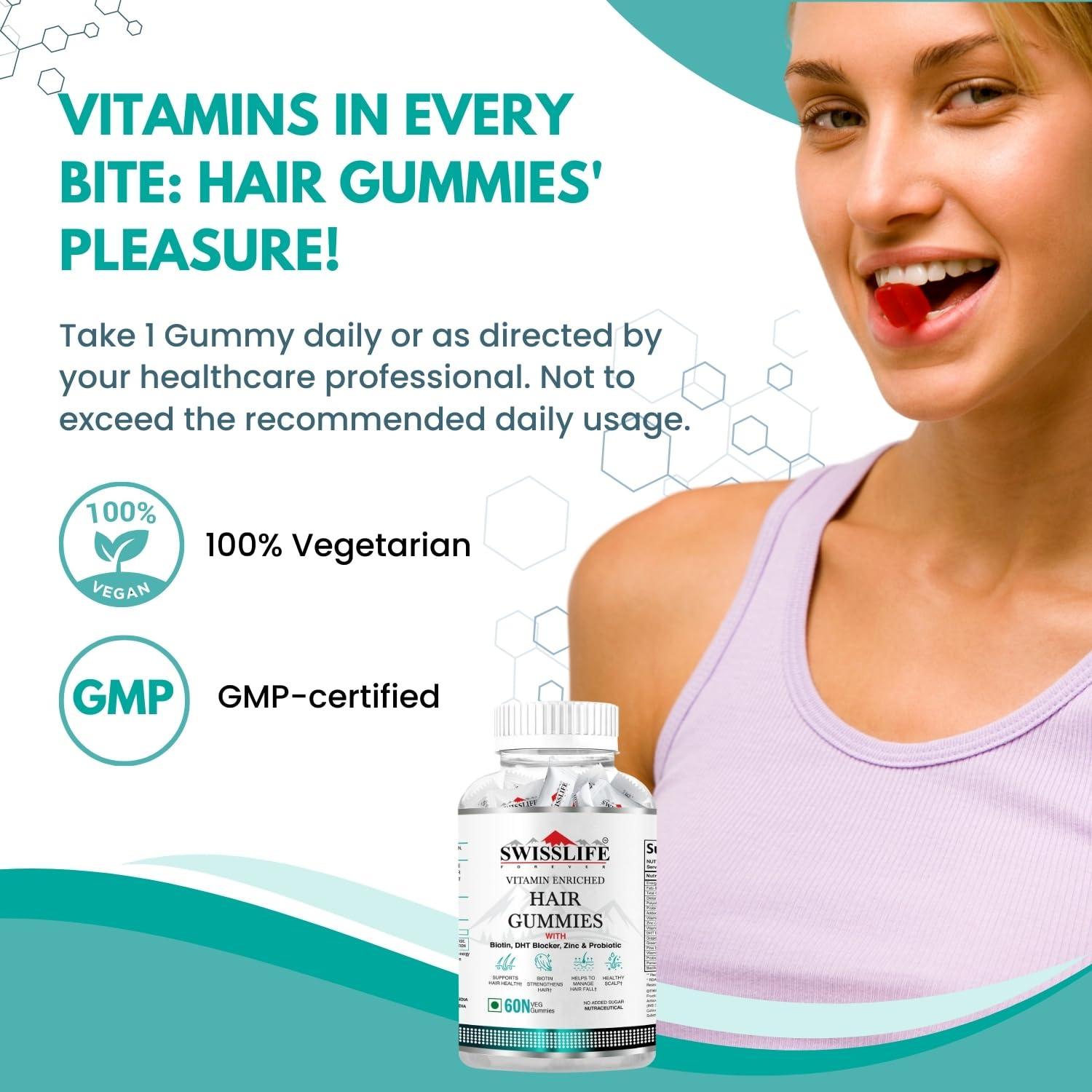 SWISSLIFE FOREVER SWISSLIFE FOREVER Hair Gummies (60 Gummies) | Vitamin enriched Hair Gummies | Biotin, DHT Blocker, Zinc & Probiotics Improves Hair Health Scalp Health | For Men & Women Orange Flavour