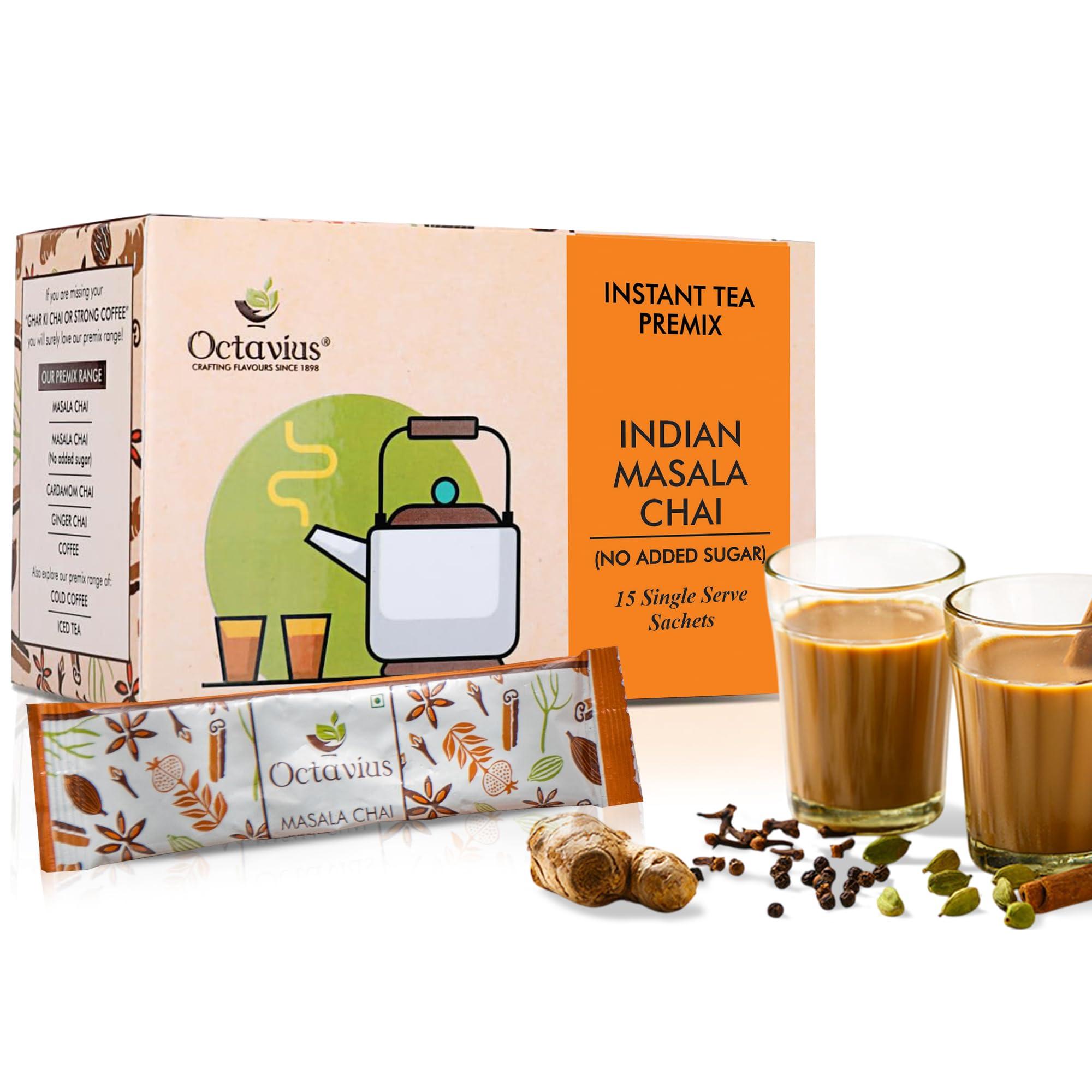 Octavius Octavius | Indian Masala (No Added Sugar) Premix Tea - 15 Pouches | Low Sugar | Readymade Tea Mix | Ready Tea | Premix Tea Powder | Instant Tea | Tea Premix | 15 Sachets
