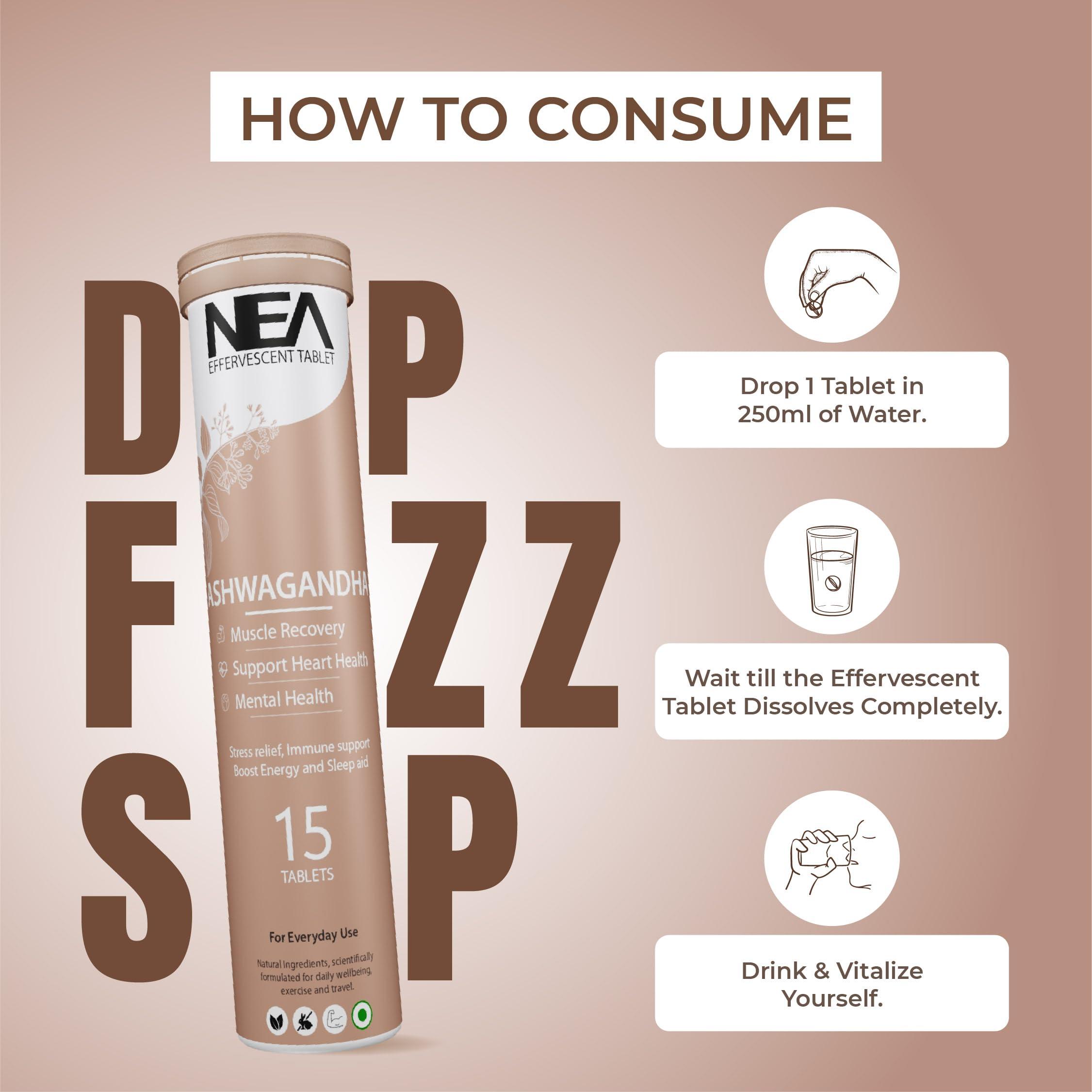 NEA Nea Ayurvedic Ashwagandha Effervescent Tablets | Stress Relief (45 Days Pack) | 3 Bottles of 15 Tablets Each