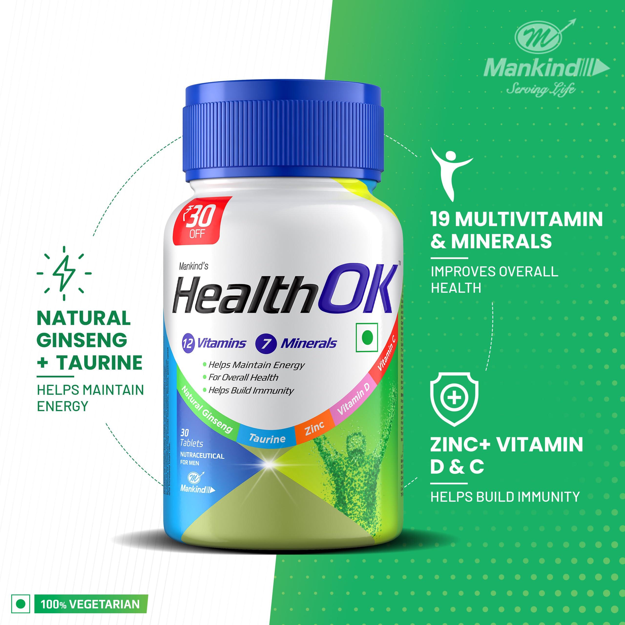 Mankind's Health OK Mankind's Health OK Multivitamin With Natural Ginseng, Taurine Power, Daily Energy, Alertness, Vitamin D, C & Other 18 Multivitamins Minerals, For Overall Health, 30 Tablets (Veg) X Pack Of 3