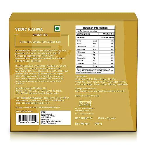 HANDPICK HANDPICK, Vedic Detox Kahwa Green Tea - 100 Tea Bags | Improves Digestion & Aids in Detoxification | Blend of 10 Real Ayurvedic Herbs - Tulsi, Ginger, Black Pepper, Clove, Nutmeg & Rock Salt