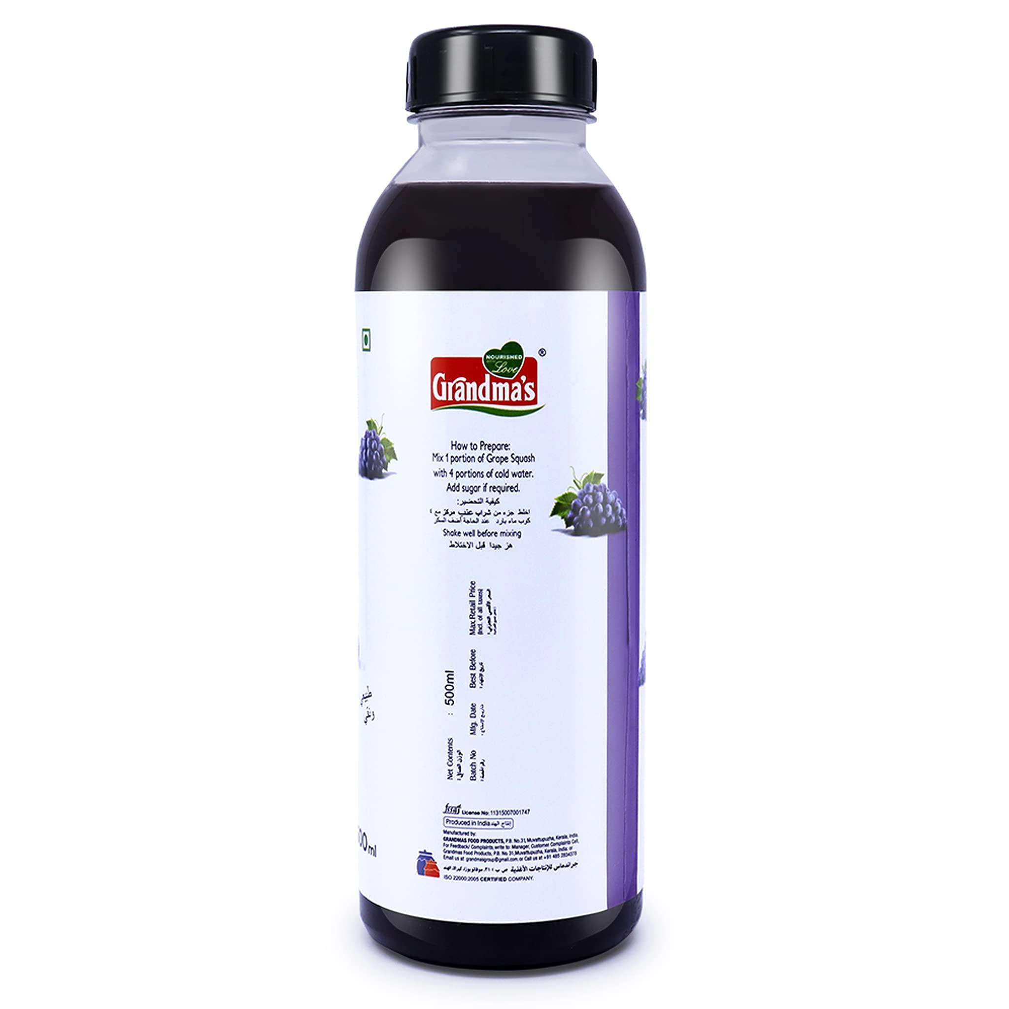 Grandmas Grandmas Grape Squash 500ml - Pack of 2 | 100% Natural Fresh and Juicy Grape Crush