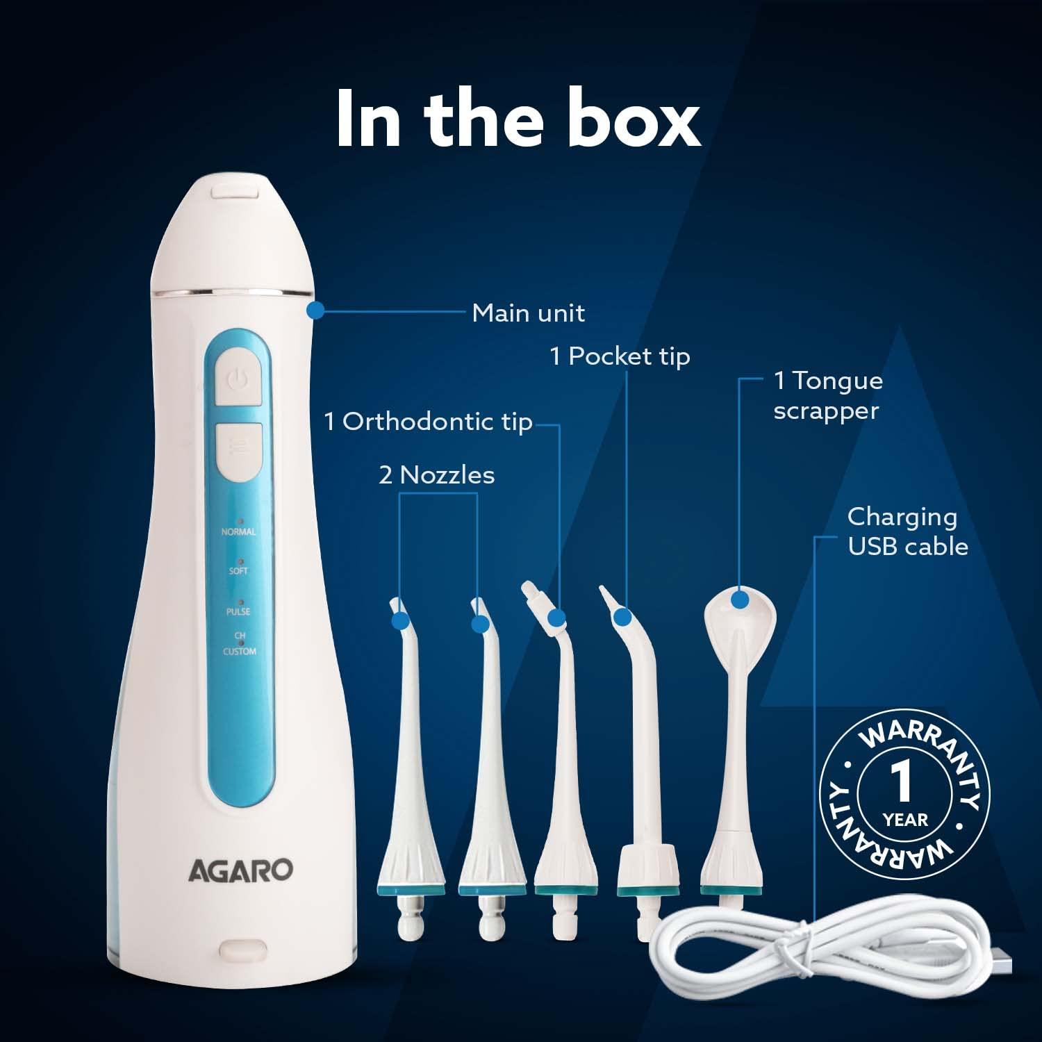AGARO AGARO Ultra Plus Portable Dental Flosser for teeth, 5 Nozzles, Portable,Cordless & Rechargeable,4 Cleaning Modes,IPX7 Waterproof with 200ml Watertank, Flossing at Home & Travel,Oral Flosser,Oral Irrigator