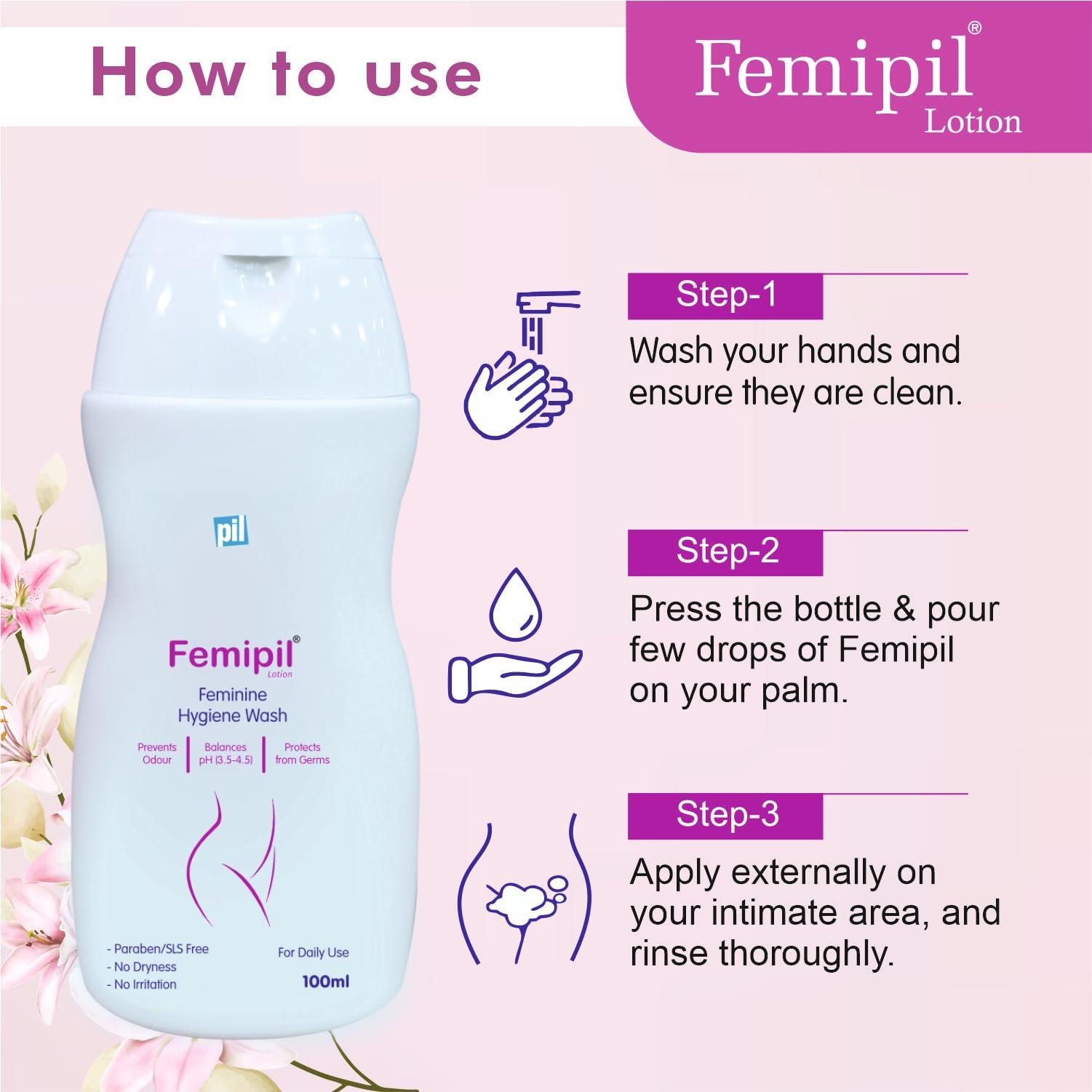 pil Pil Femipil Lotion | Intimate Wash for Women (100ml,Pack of 2) | Enriched with Vitamin E, Aloevera Extracts & Lactic Acid | Prevents Dryness, Itchiness & Irritation