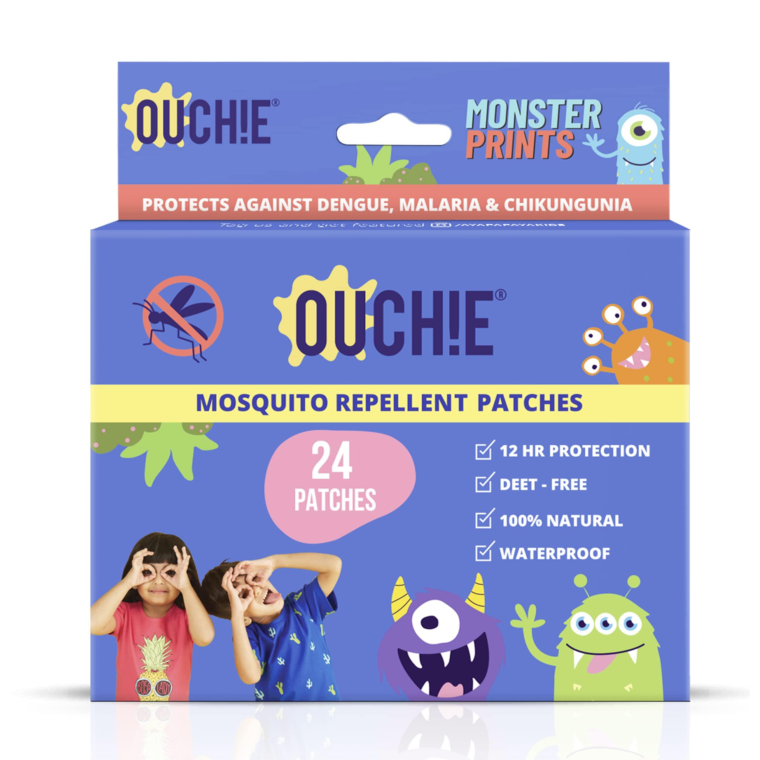 AYA PAPAYA Aya Papaya Ouchie Monster Print Mosquito Repellent Patches (24 Patches) & Ouchie Non-Toxic Printed Bandages - Blue (20 Strips)