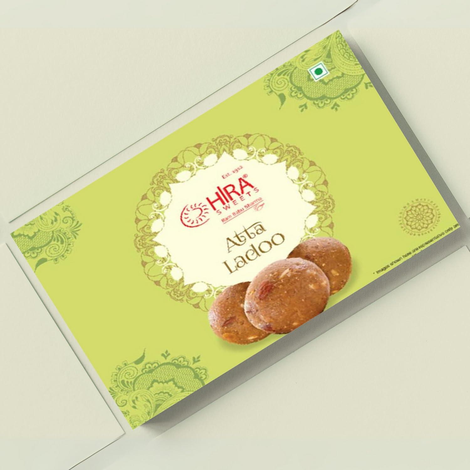 HIRA SWEETS HIRA SWEETS Atta Ladoo 500 g | Made with Pure Desi Ghee | Atta Laddu | Handcrafted Indian Traditional Sweets | Indian Mithai | No Added Colours or Flavors | Festival Indian Sweets Box