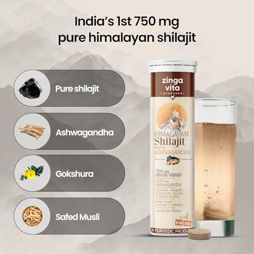 Zingavita Zingavita Himalayan Shilajit Original (750mg) Effervescent Tablets, With Ashwagandha, Gokshura & Safed Musli for Strength, Performance & Muscle recovery, Cardamom Flavour | Ayush Approved | Pack of 1