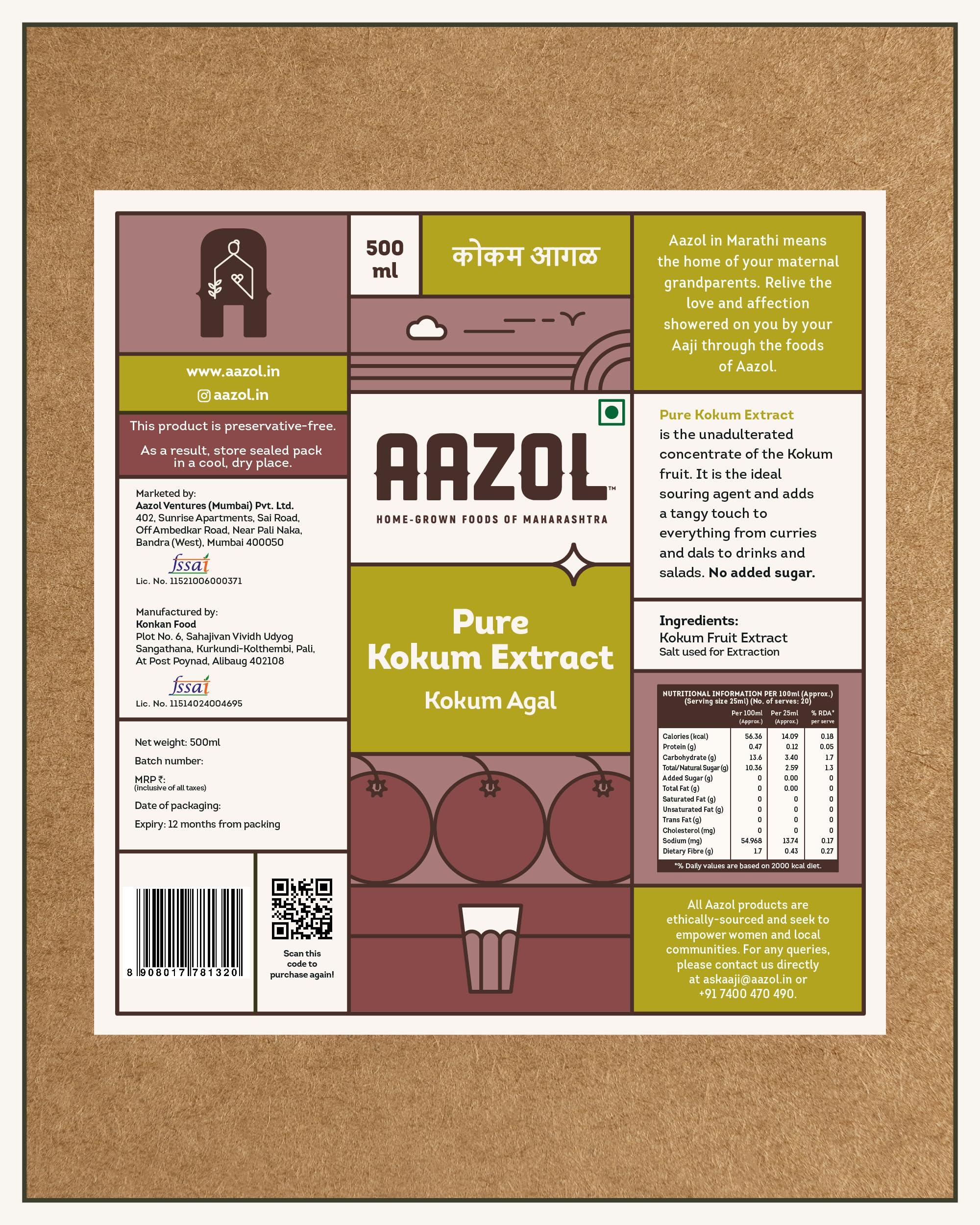 AAZOL Aazol Pure Kokum Extract: Kokum Agal - 500ml | NO Sugar NO Salt | All-purpose Souring Agent | Pure & Unadulterated | Ideal for Kokum Sherbet & Sol Kadhi
