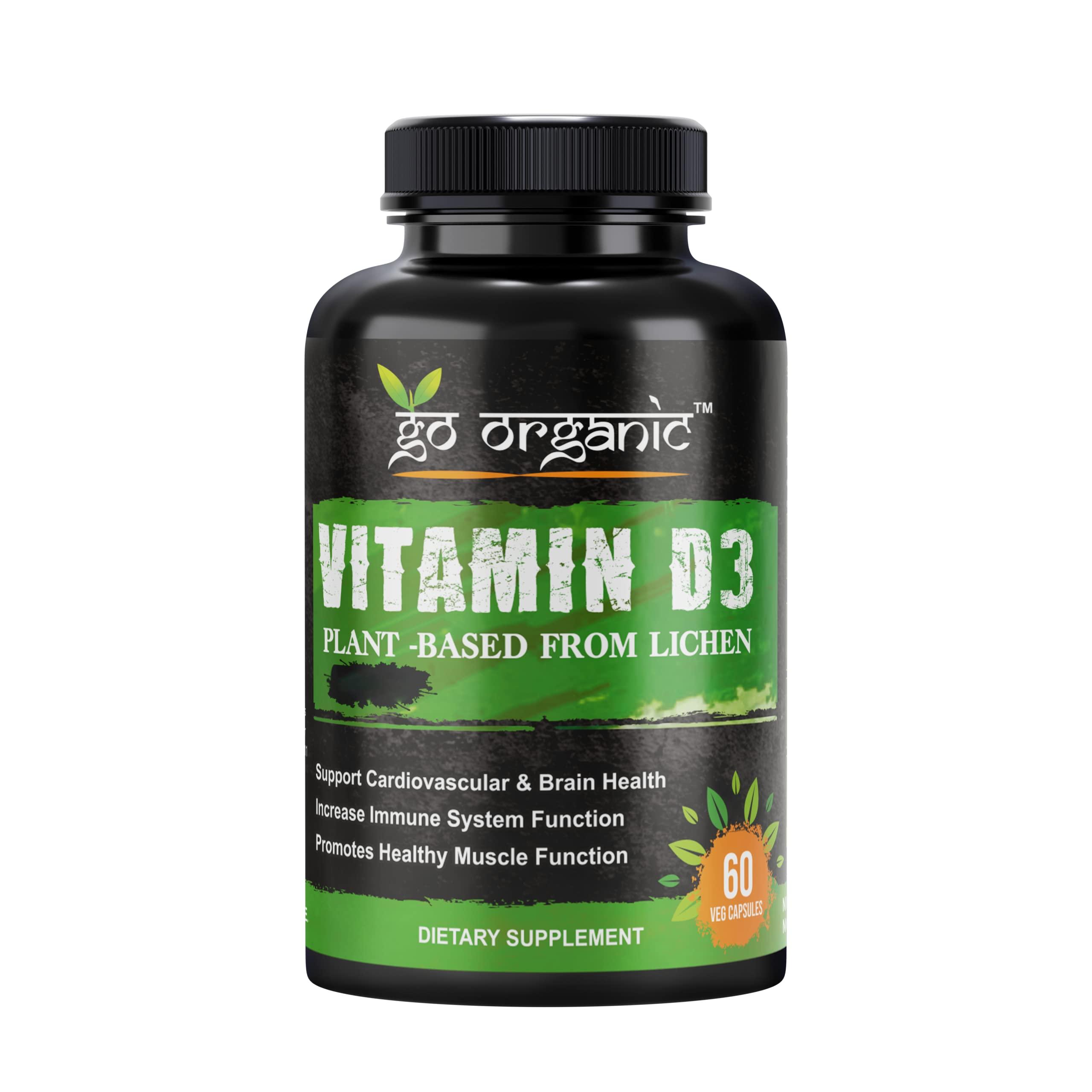 Go Organic Go Organic Vitamin D3 Plant Based from Lichen - Natural D3 Supplement for Immune System, Bone Support, Joint Health - Vegan - Non-GMO - Gluten Free 60 Cap.