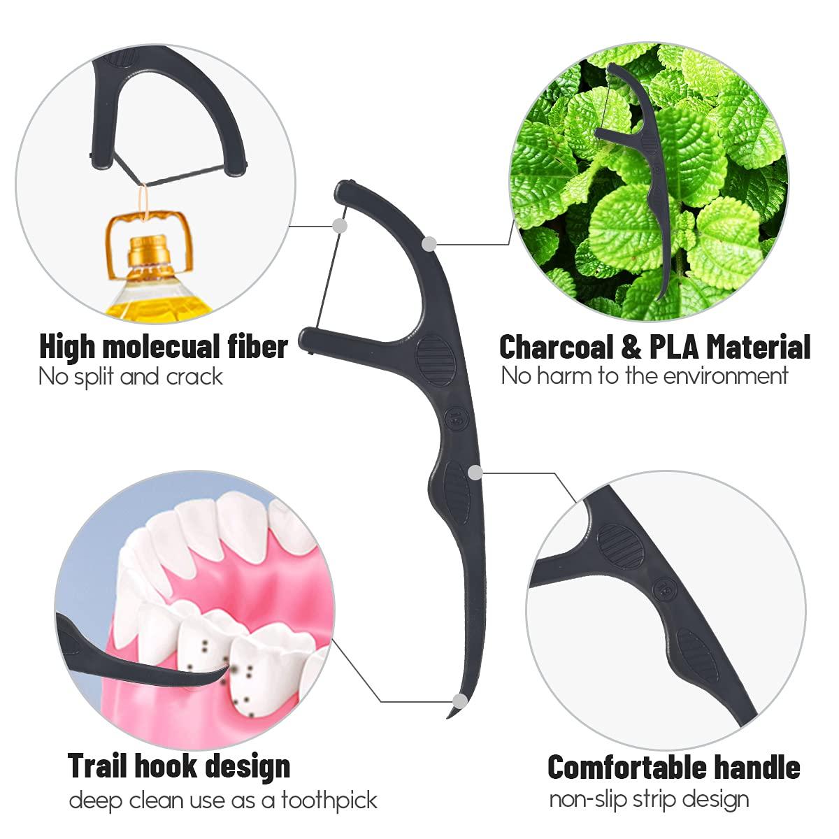 Y-Kelin Y-Kelin Natural Dental Floss Picks - Vegan, Eco Friendly Black Bamboo Charcoal Dental Teeth Stick Tooth Pick Toothpick Flosser for Oral Care with a Fresh Feel Minty Flavor (100 Pcs)